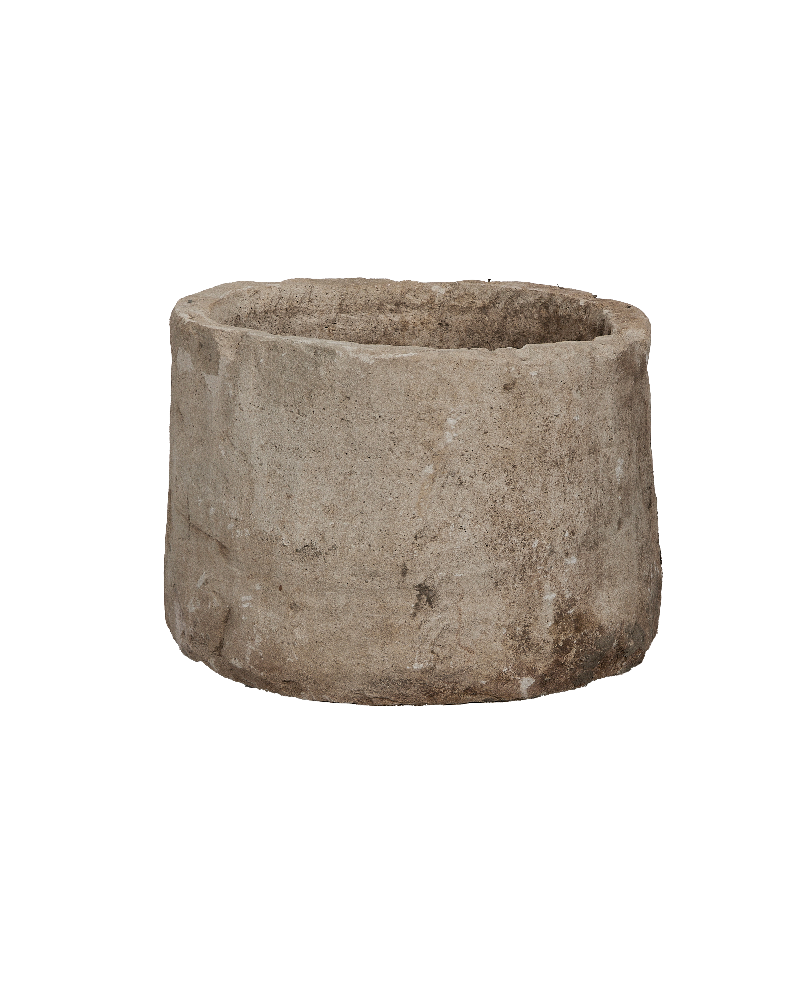 Vintage round limestone trough, OAK from Indonesia, showing rough texture and weathered finish.