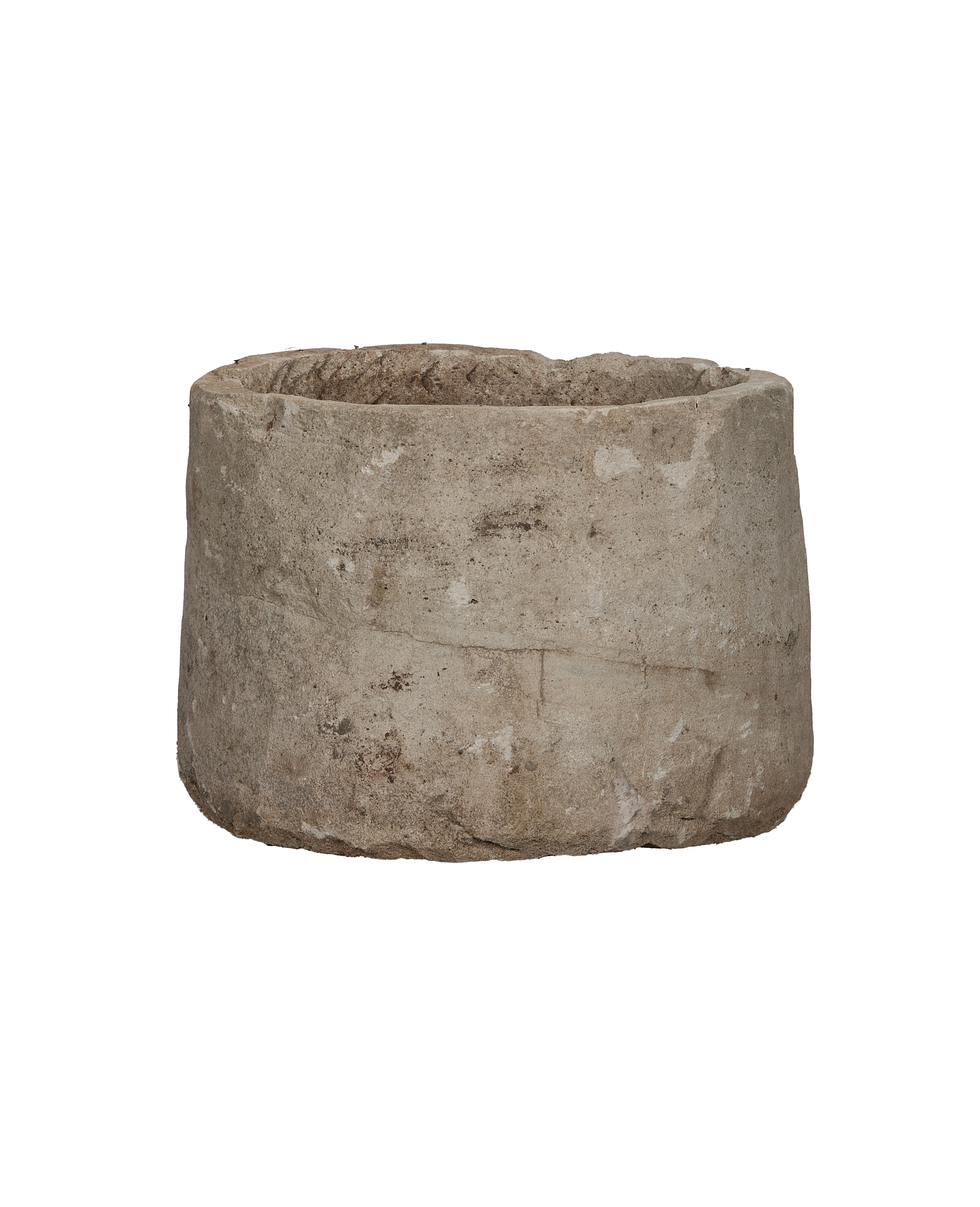 Vintage Indonesian round limestone trough, showing weathered texture and natural imperfections.