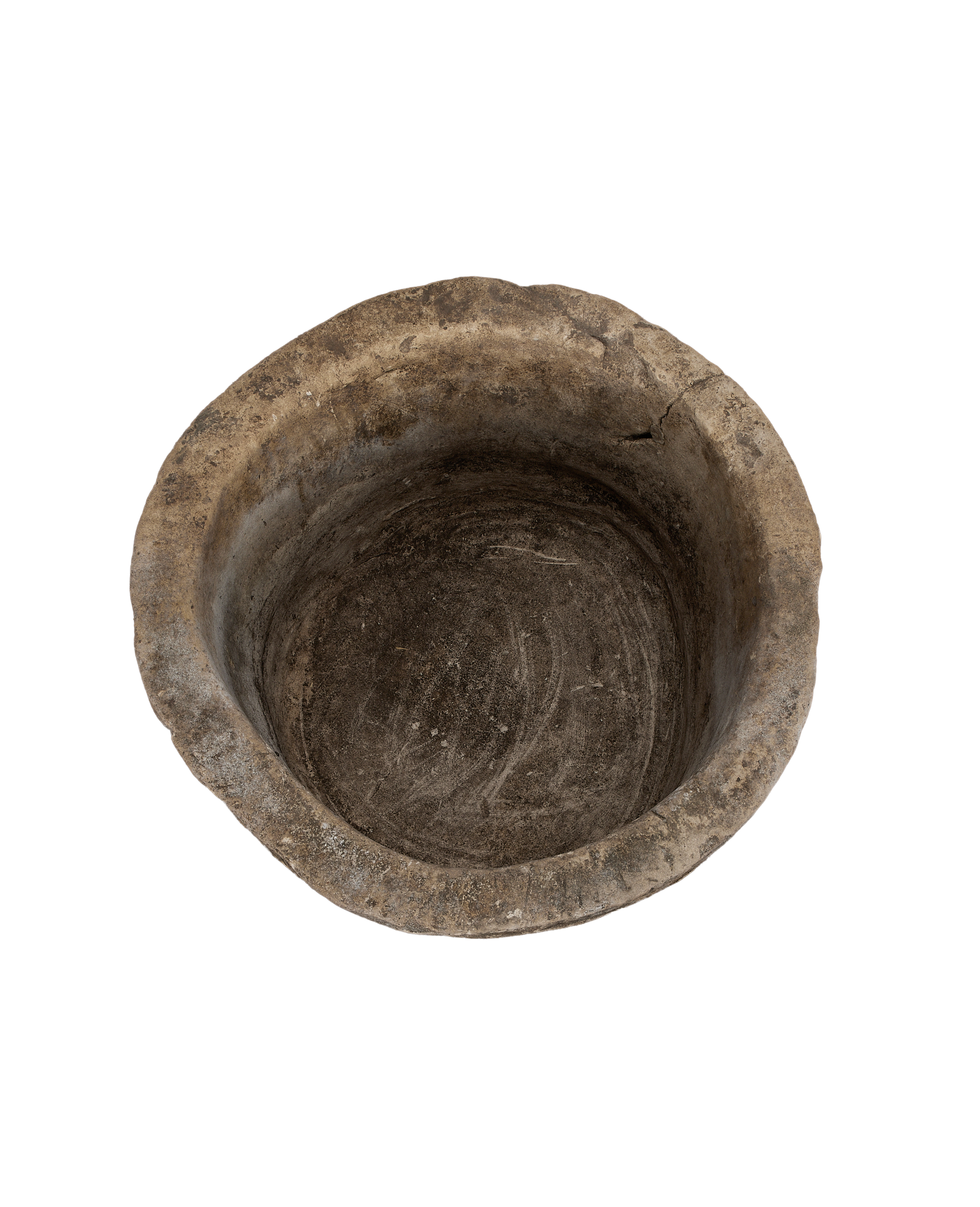 Vintage Round Limestone Trough, weathered interior texture with rough, aged surface details.