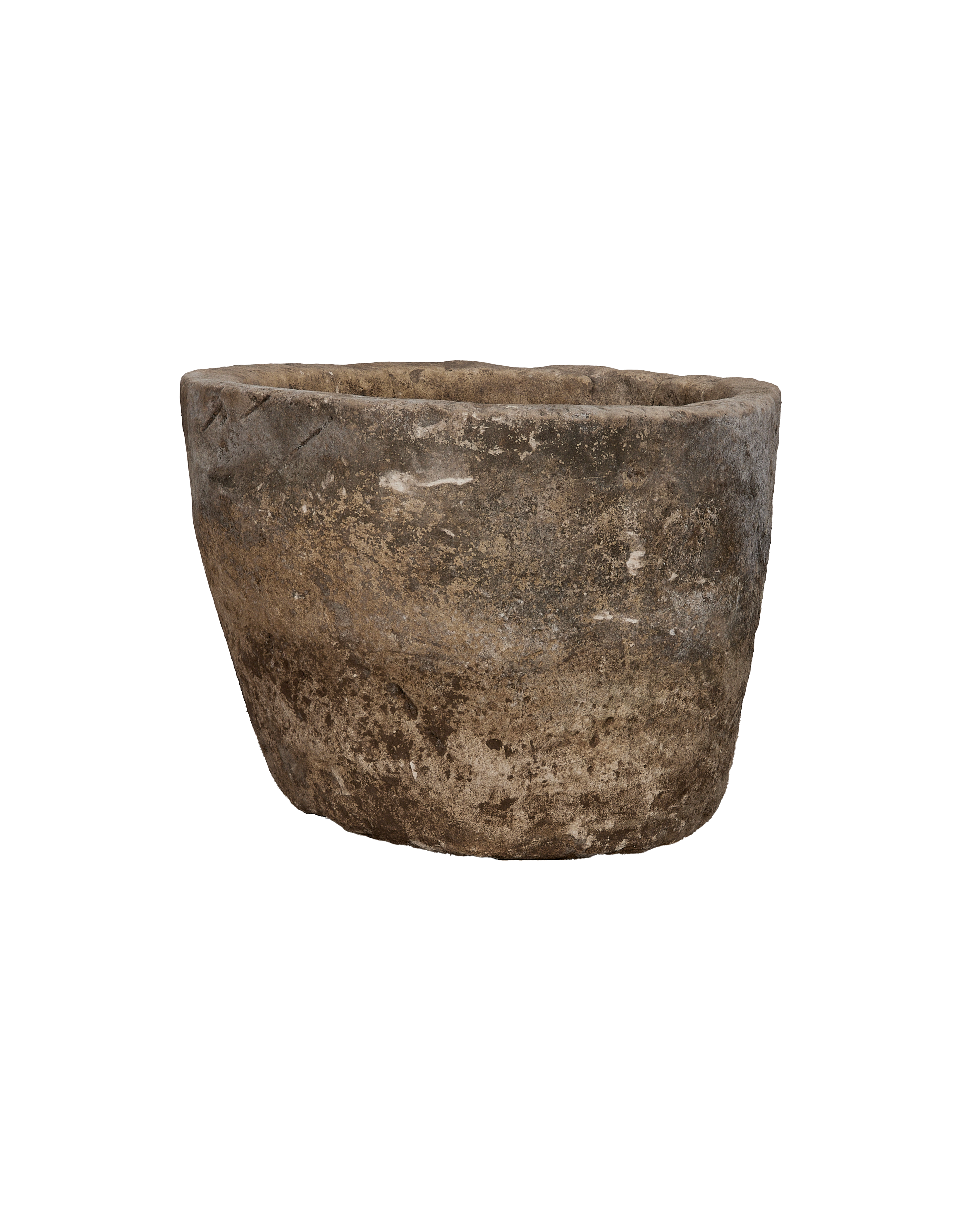 Vintage round limestone trough, rich brown-grey patina, rustic antique Indonesian garden planter.