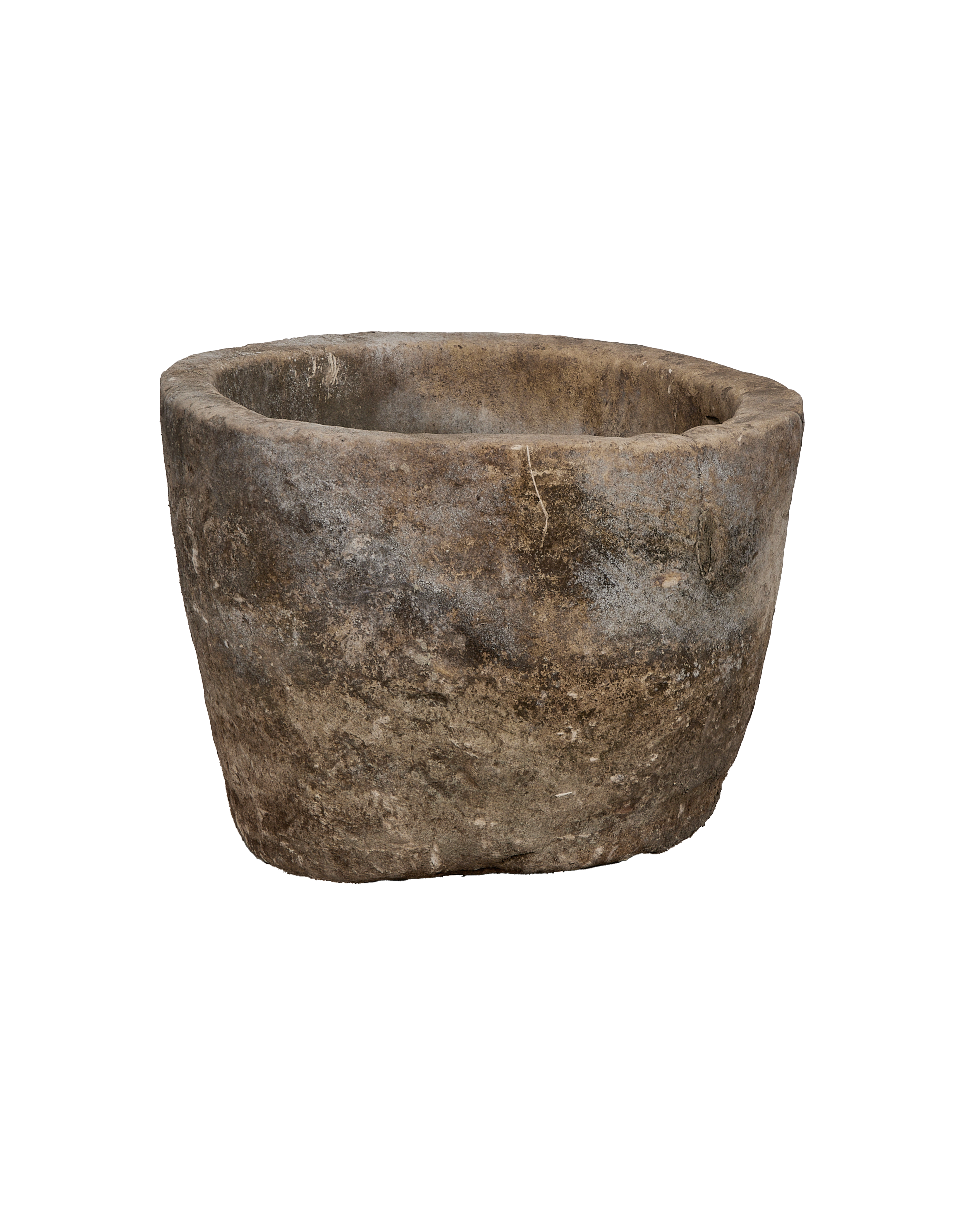 Vintage Indonesian round limestone trough, showing weathered texture and natural imperfections from above.