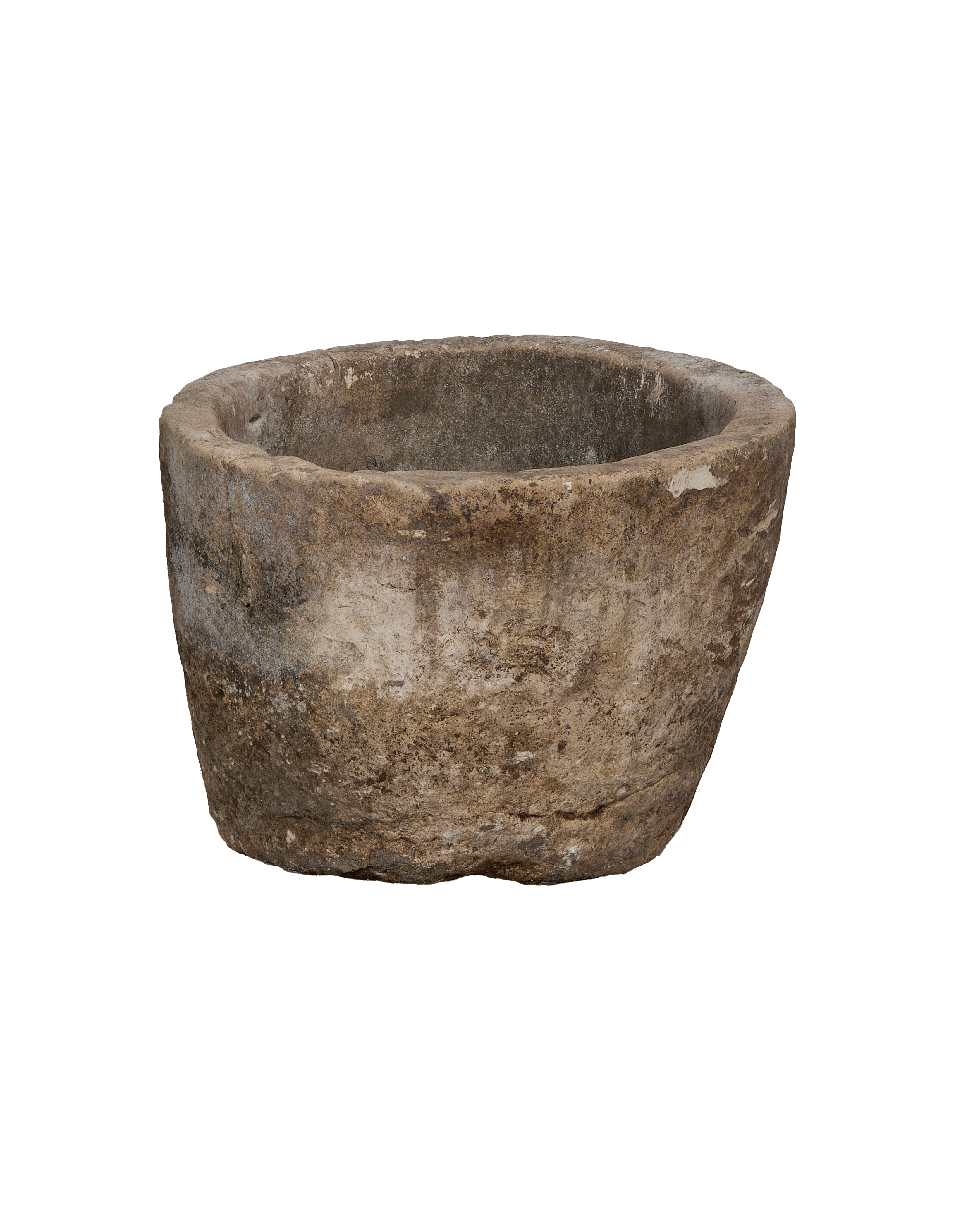 Vintage Indonesian round limestone trough, showing weathered texture on the outer wall.