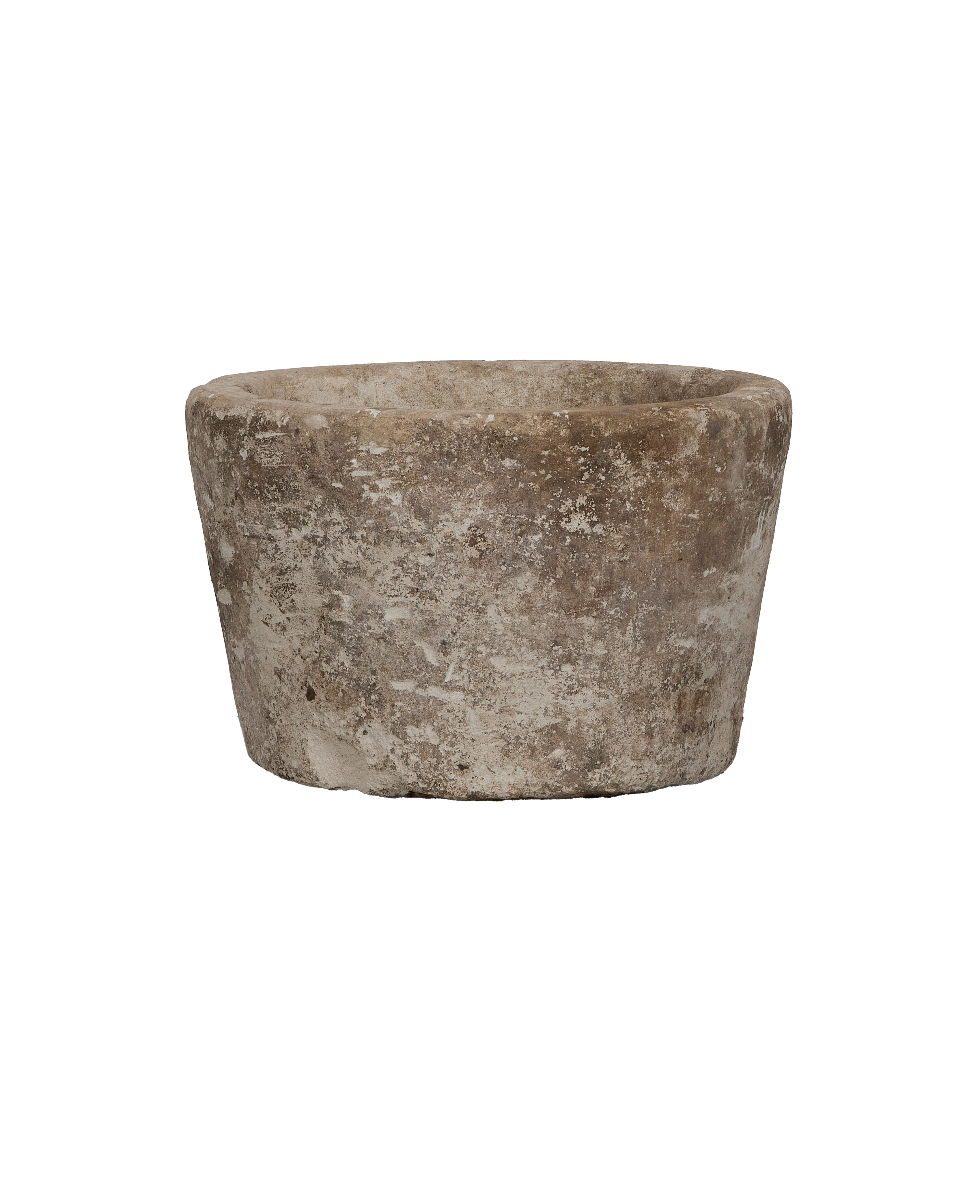 Vintage Indonesian limestone trough, round, showing distressed OAK finish texture.