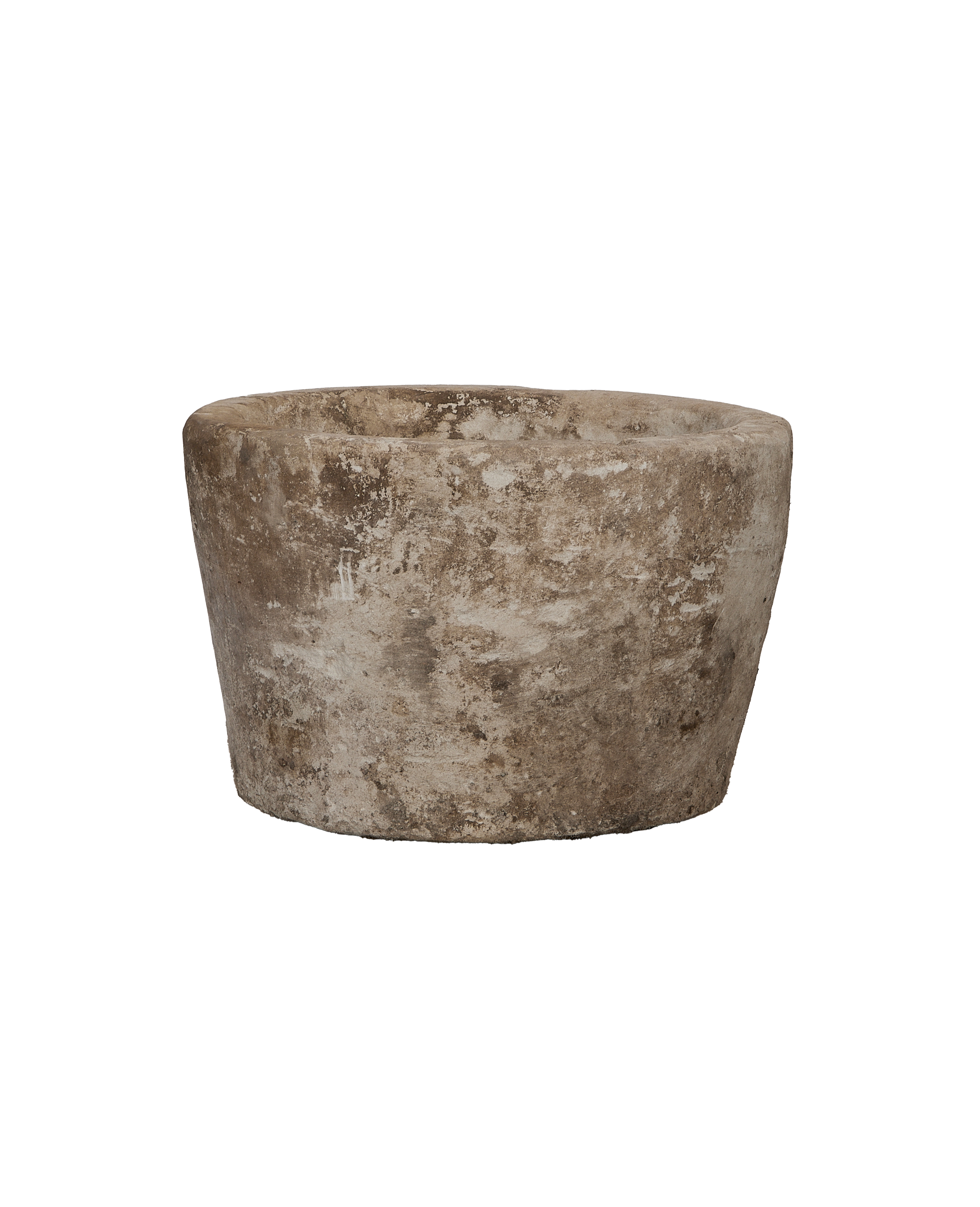 Vintage round Indonesian limestone trough, detailed view of textured surface and rim.