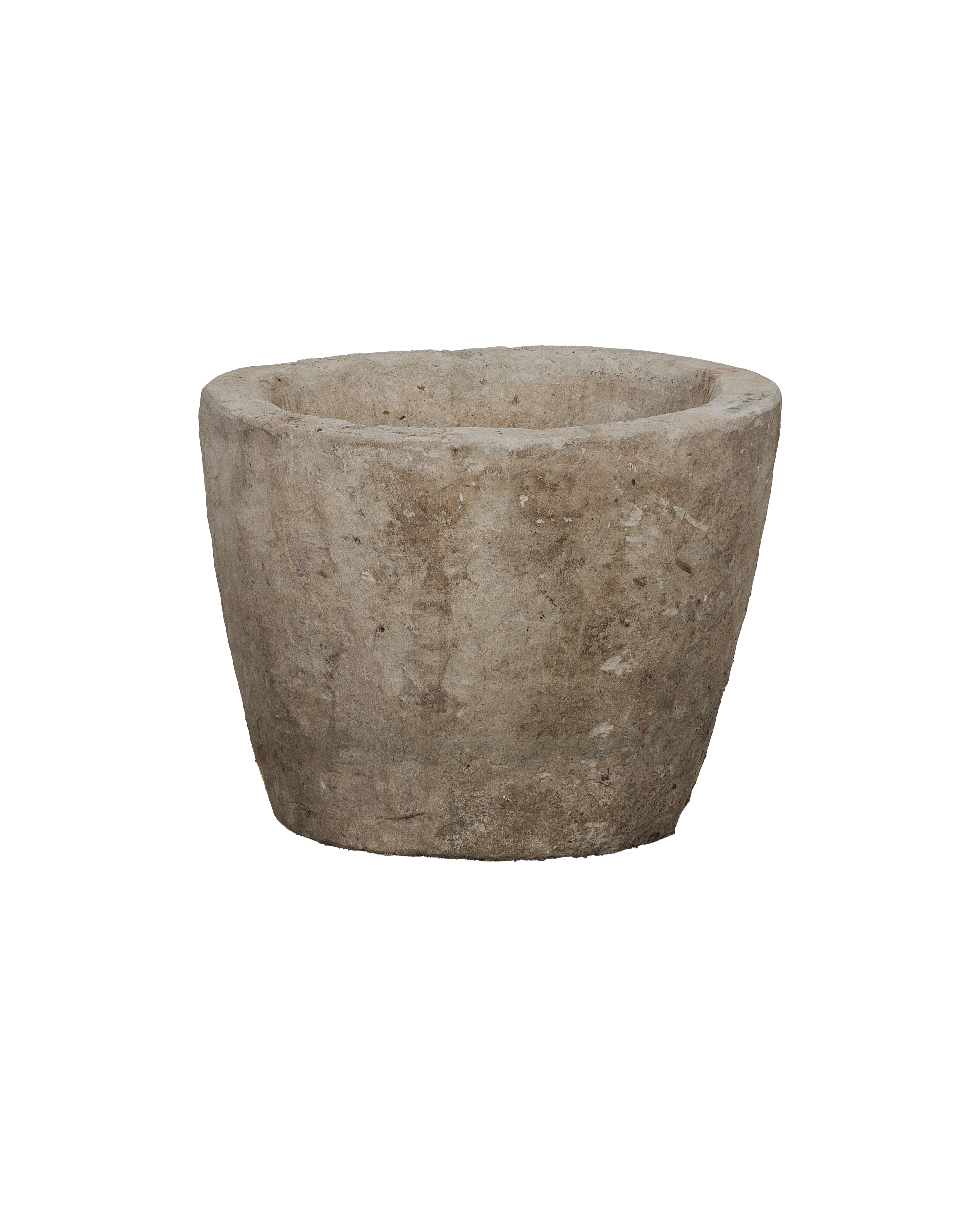 Vintage Limestone Trough, weathered round Indonesian planter, low-angle showing exterior texture.