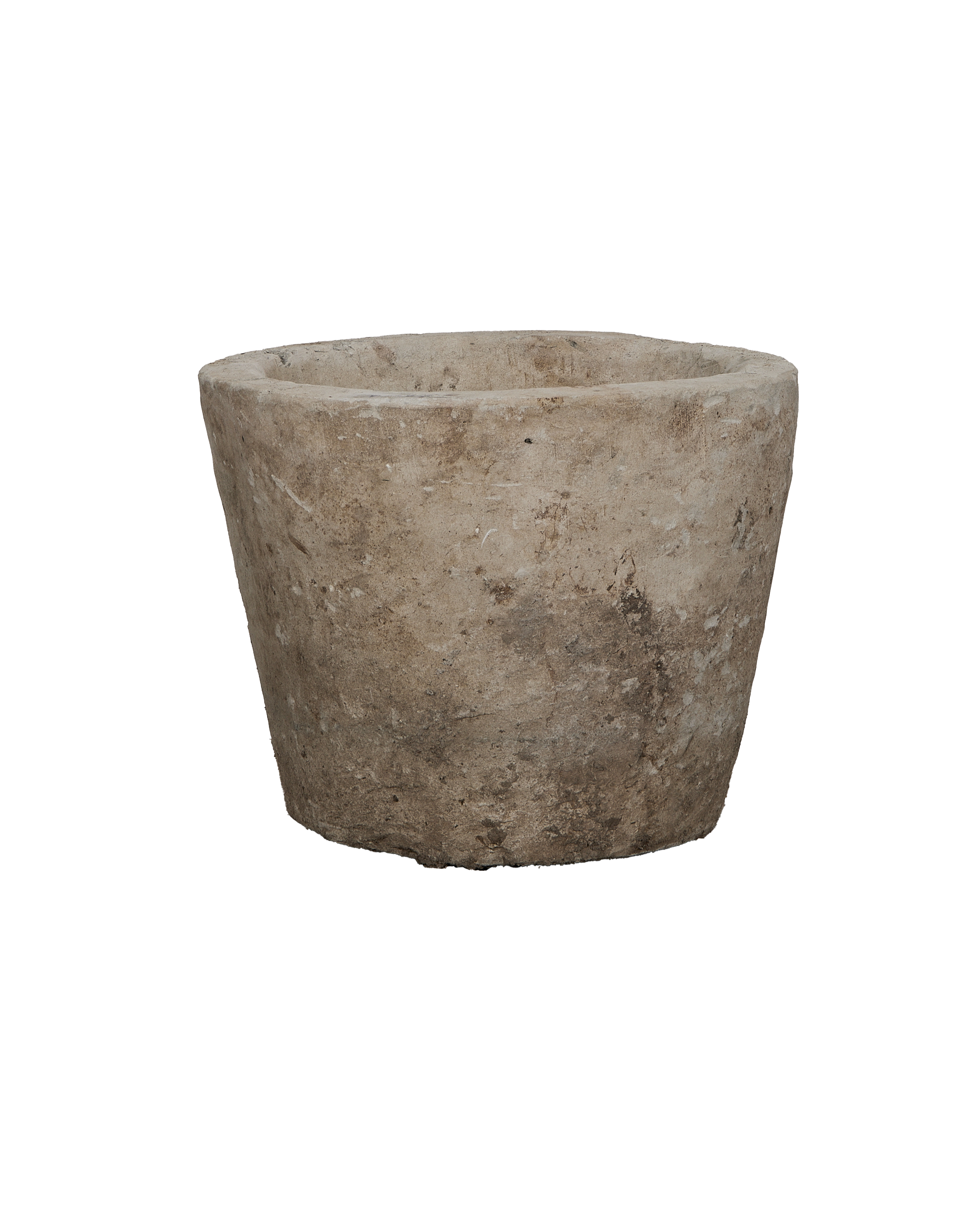 Vintage Indonesian limestone trough, round, showing detailed weathered texture and irregular rim.