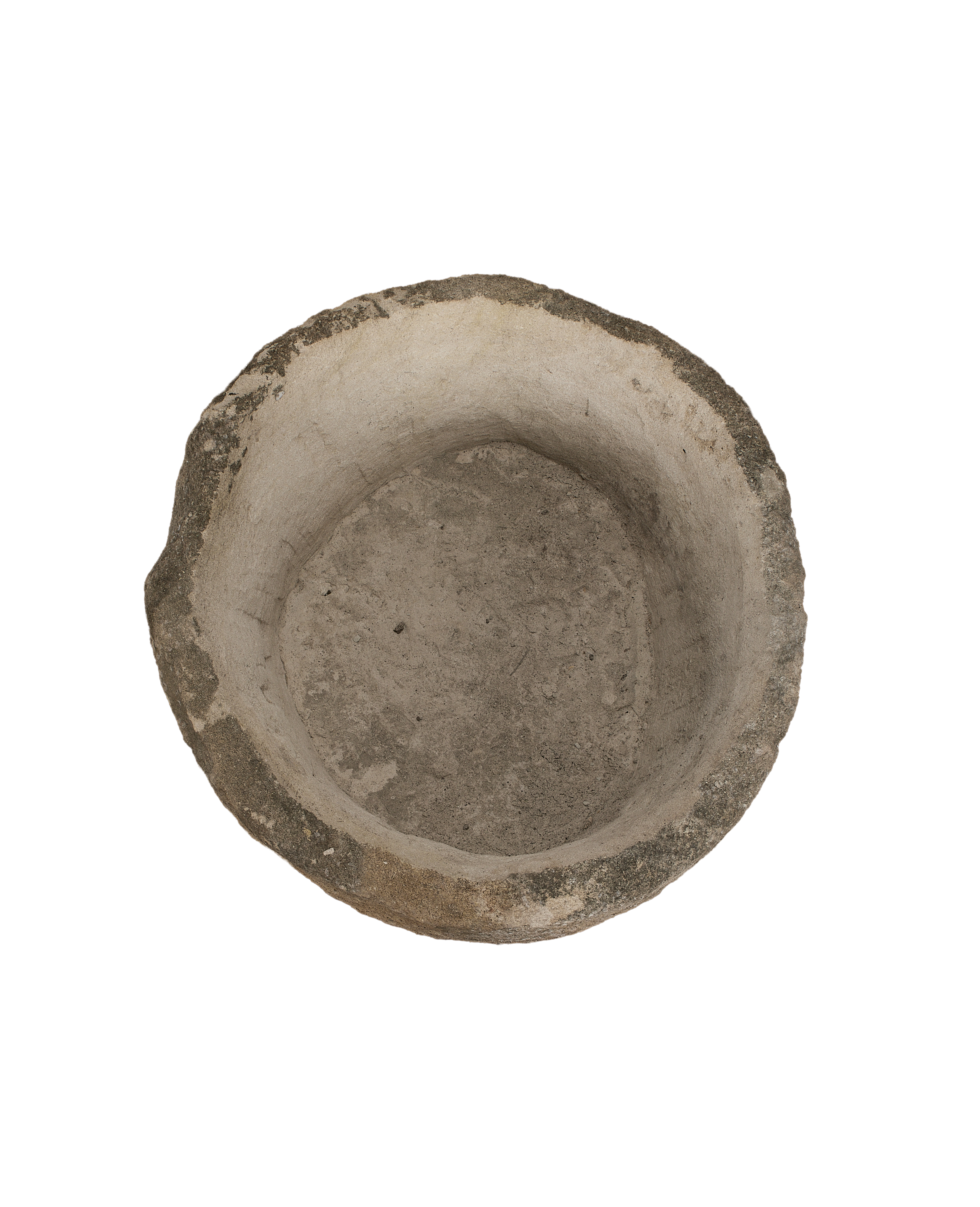 Vintage Indonesian round limestone trough, top-down view showing interior texture and aged patina.