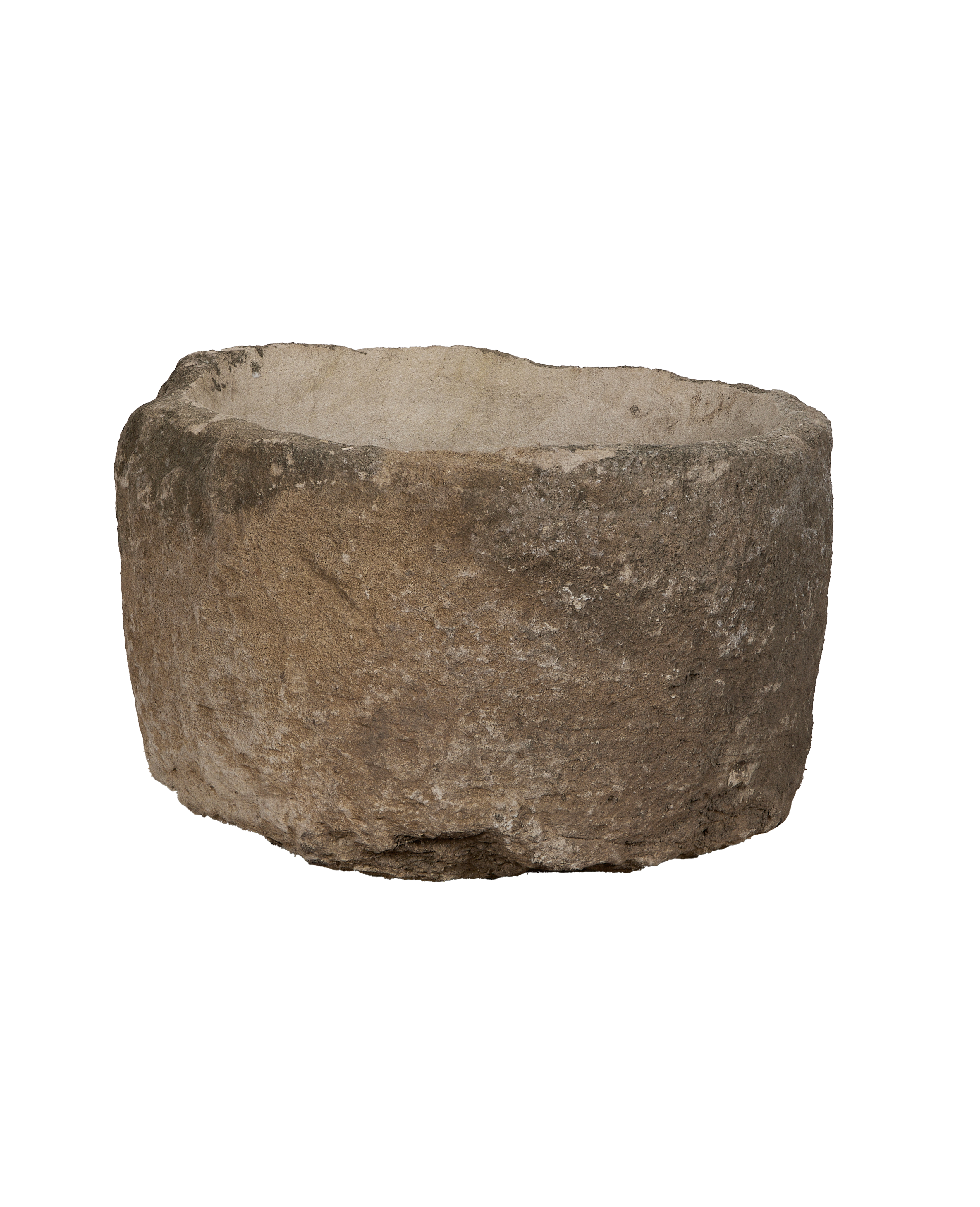 Vintage Indonesian round limestone trough, visible rough texture and weathered edges.