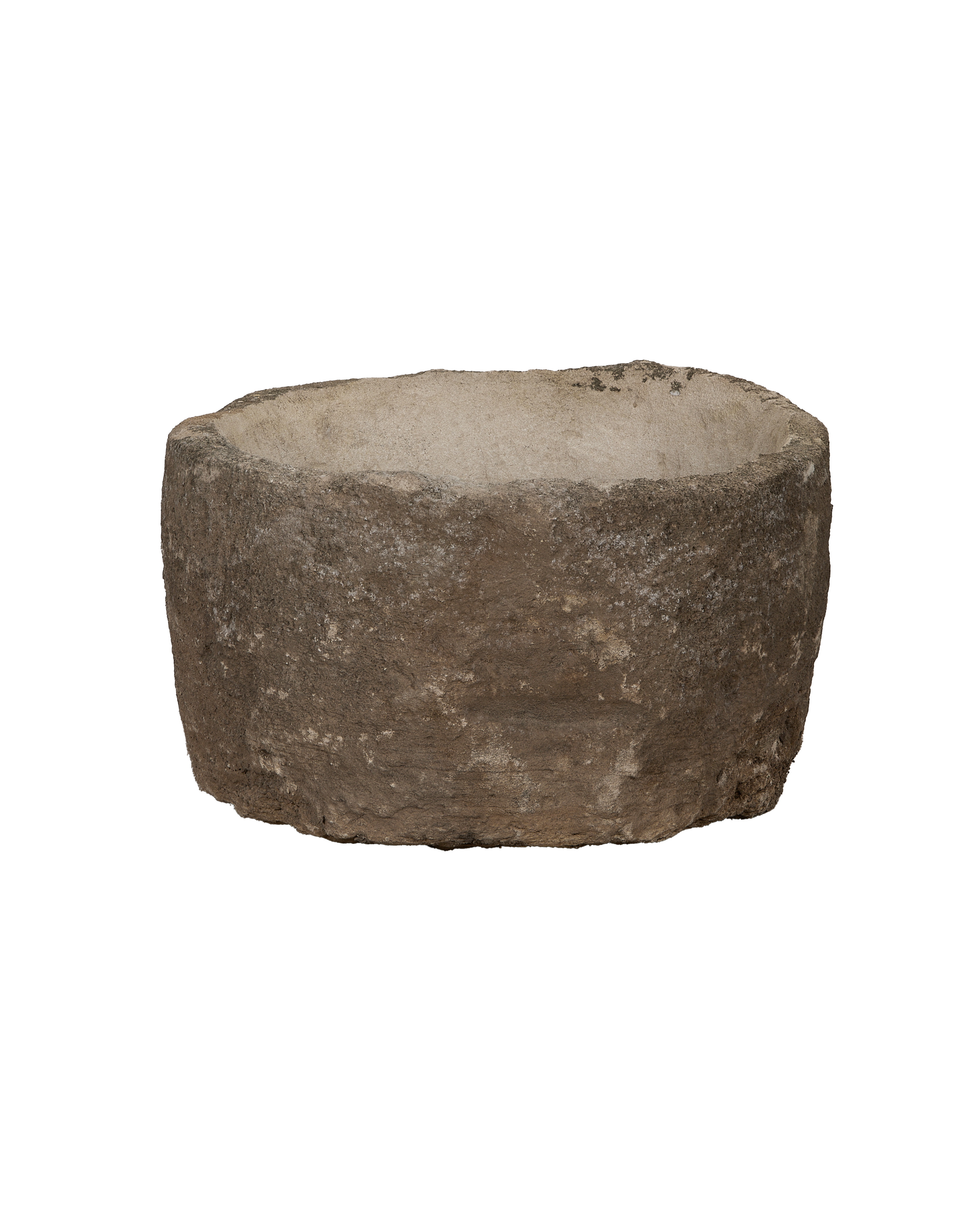 Vintage Indonesian round limestone trough, showing weathered texture and interior basin detail.