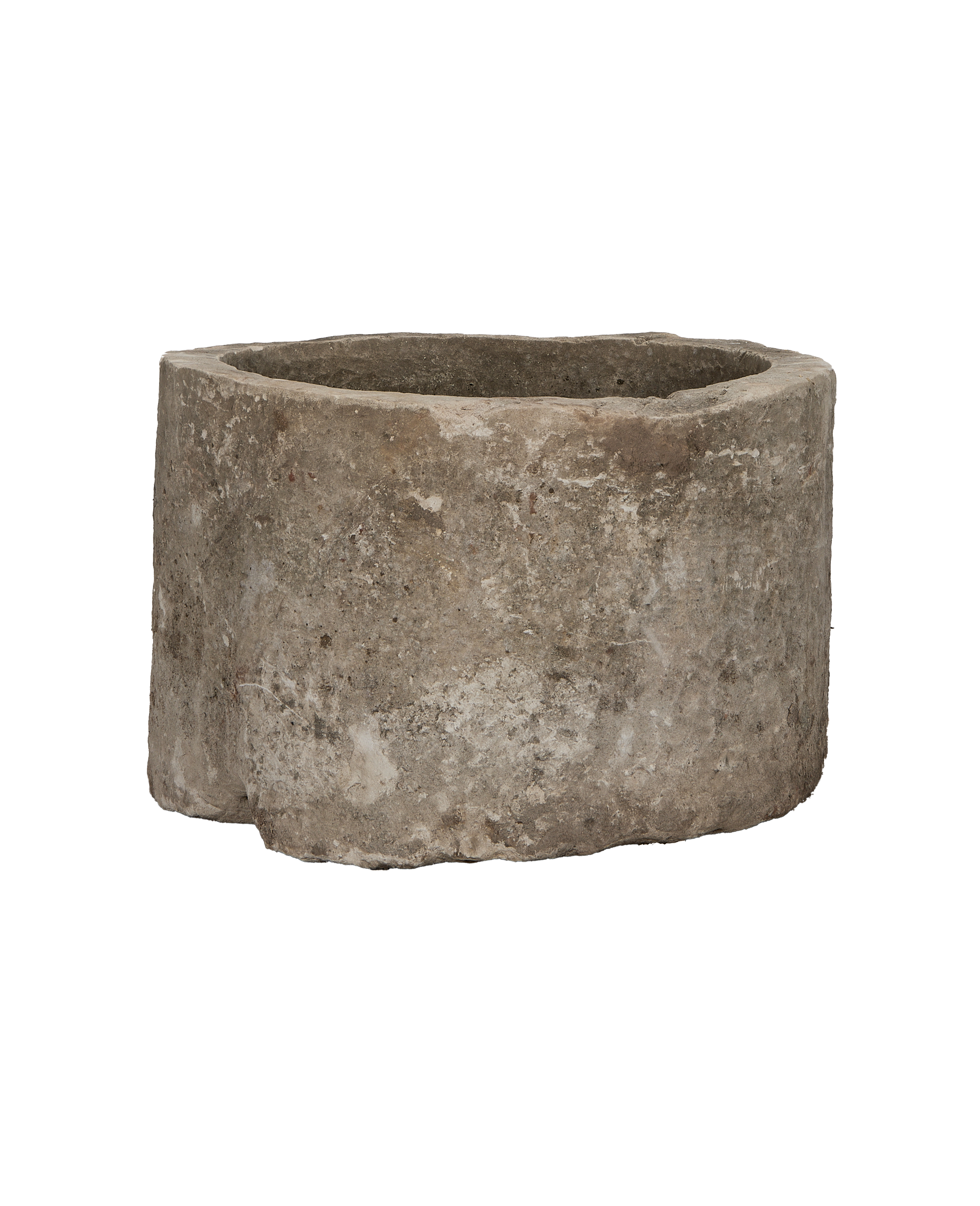 Vintage round Indonesian limestone trough, OAK style, showing weathered texture.