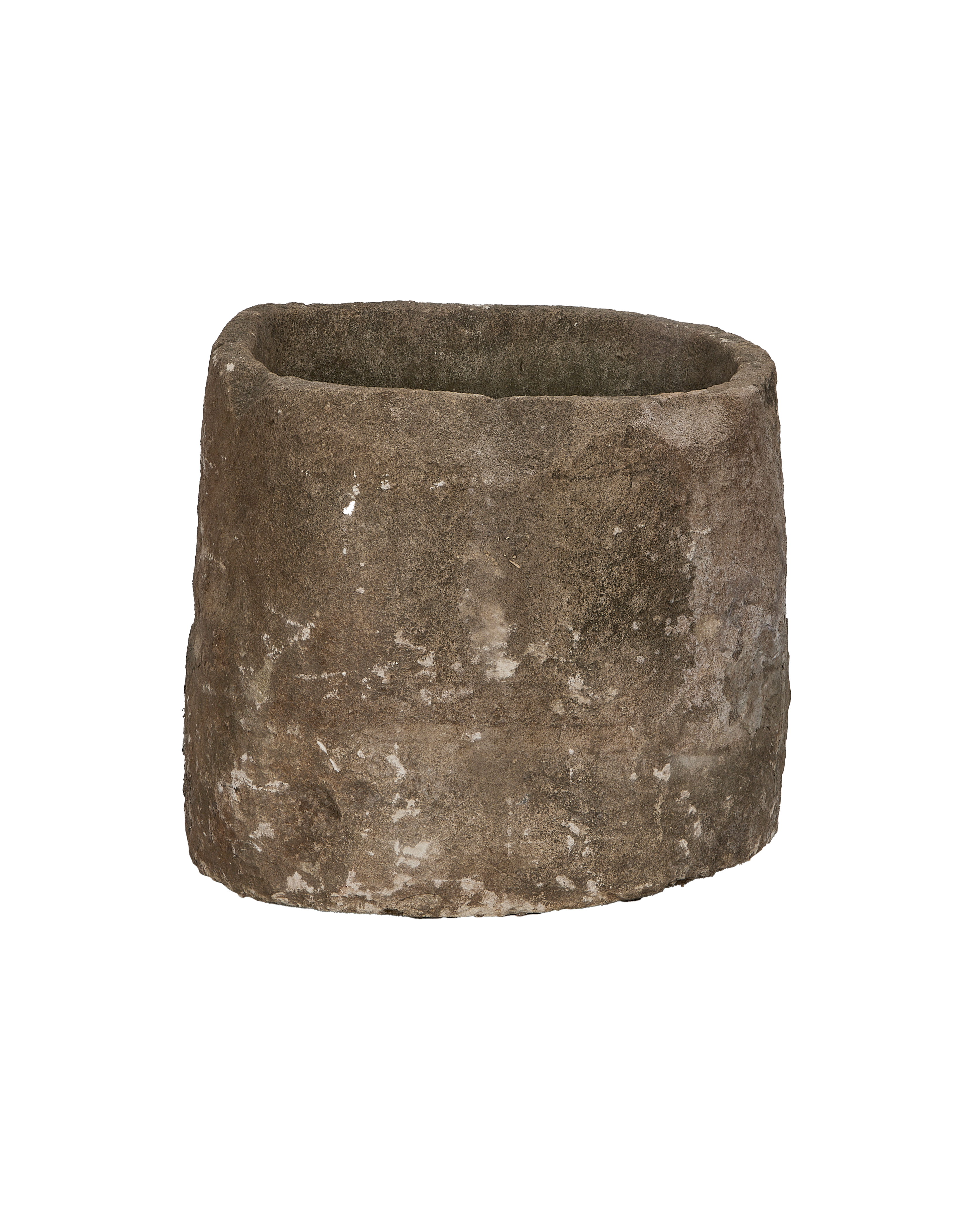 Vintage round limestone trough from Indonesia, showing rough texture and weathered finish.