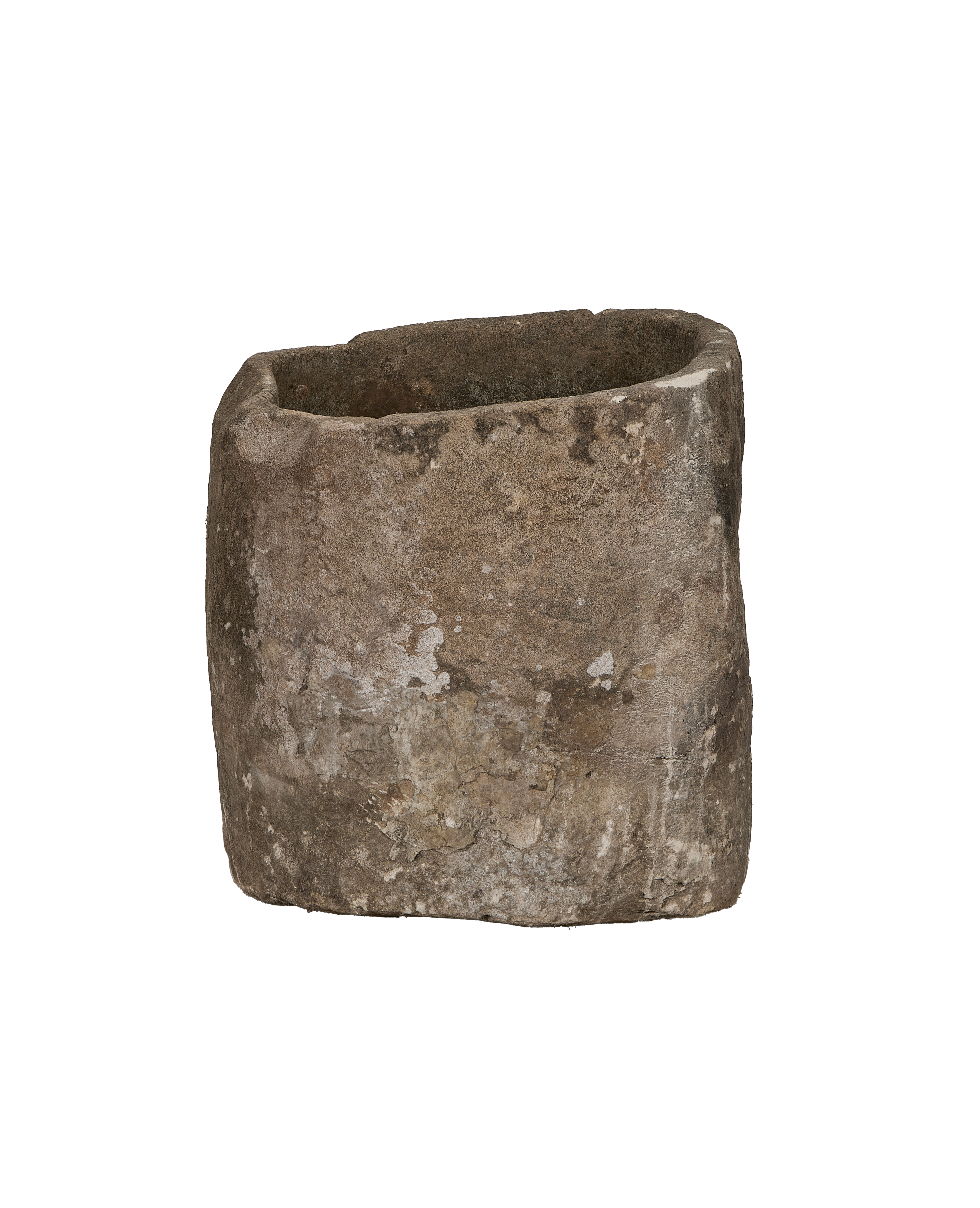 Vintage Indonesian round limestone trough, rough texture with aged patina.