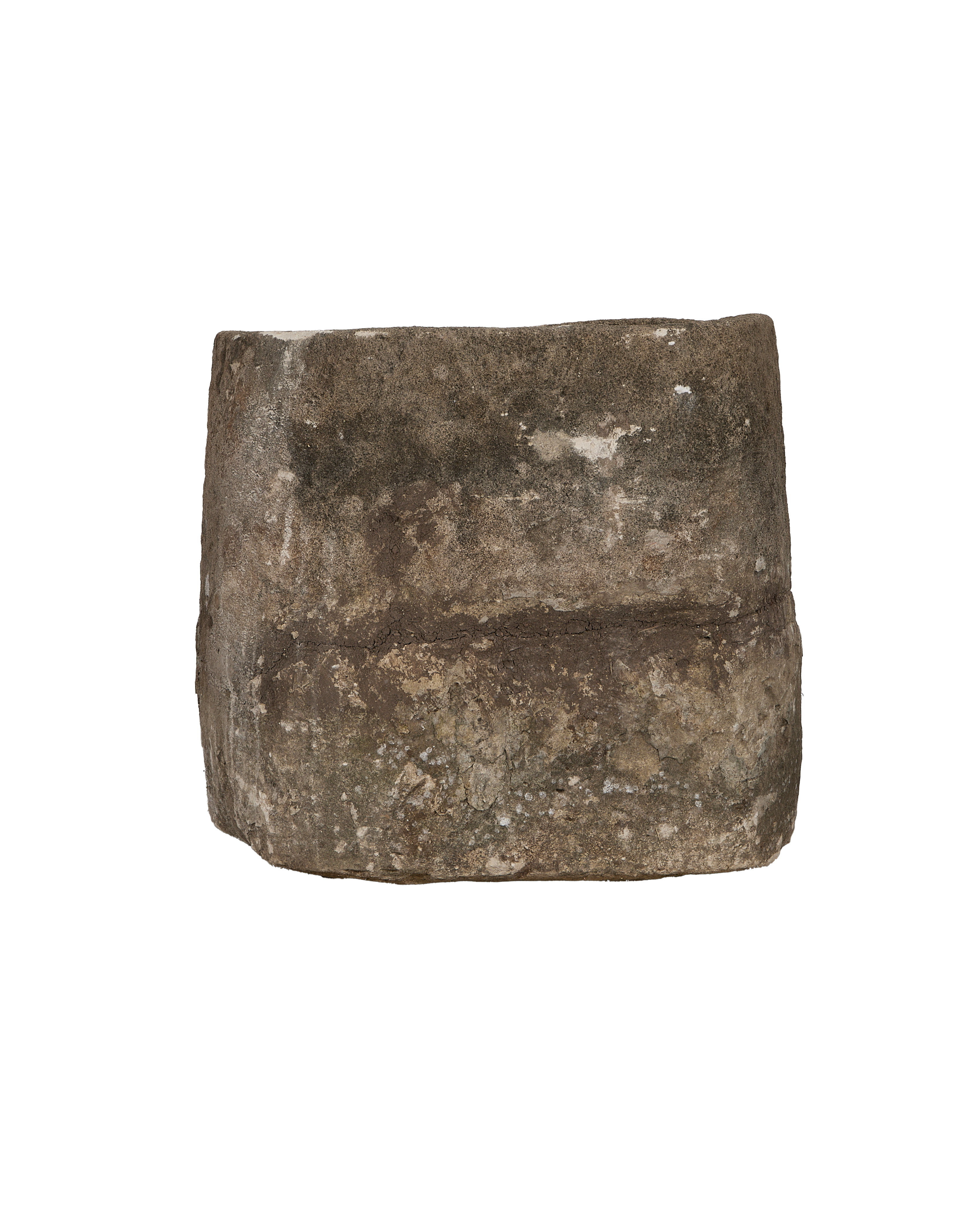Vintage limestone trough, round, showing weathered grey textured side with a distinct horizontal crack.