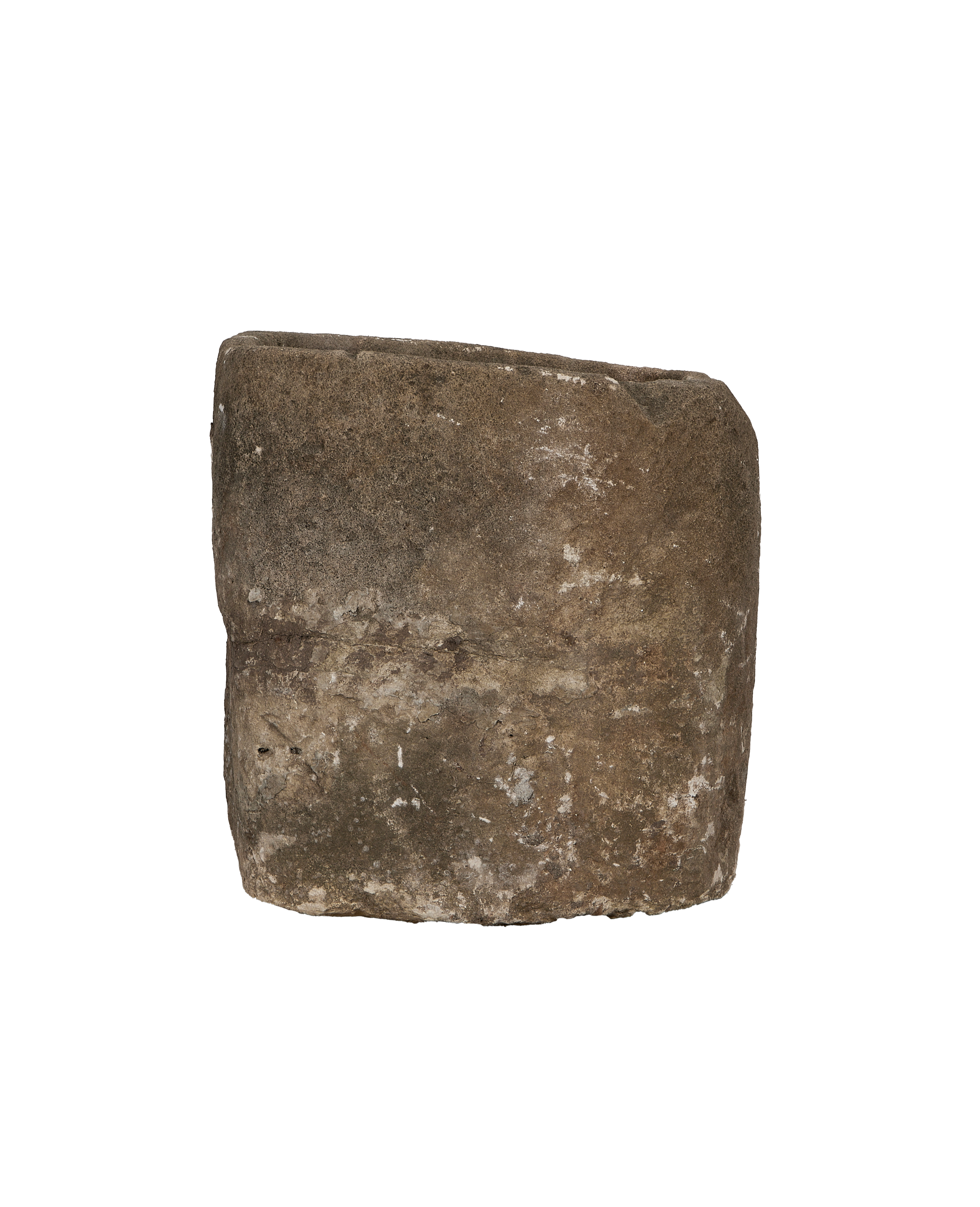 Vintage Indonesian round limestone trough, close-up of textured exterior with natural patina, side view.
