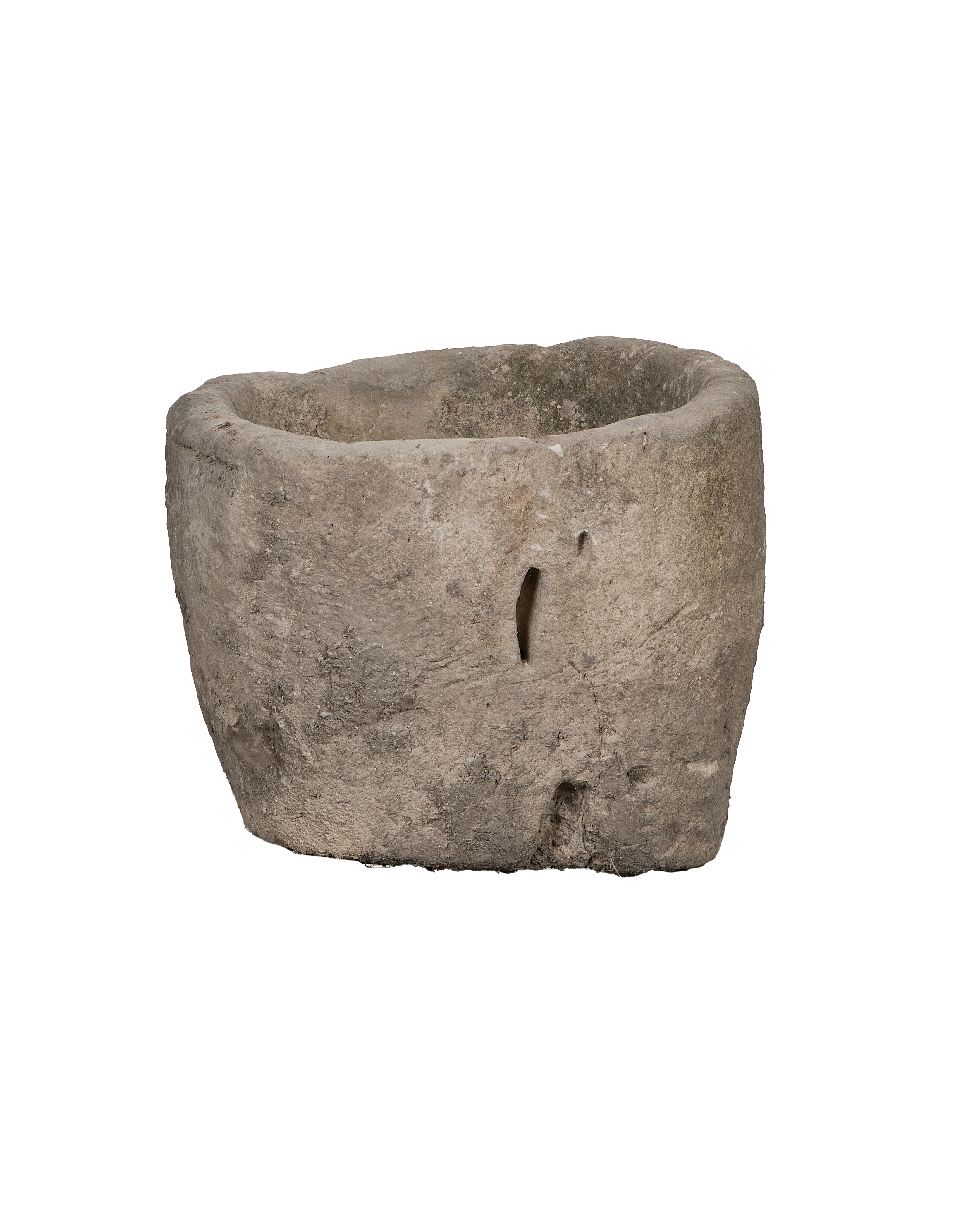 Vintage oblong limestone trough from Indonesia with chipped edge and natural weathered texture.