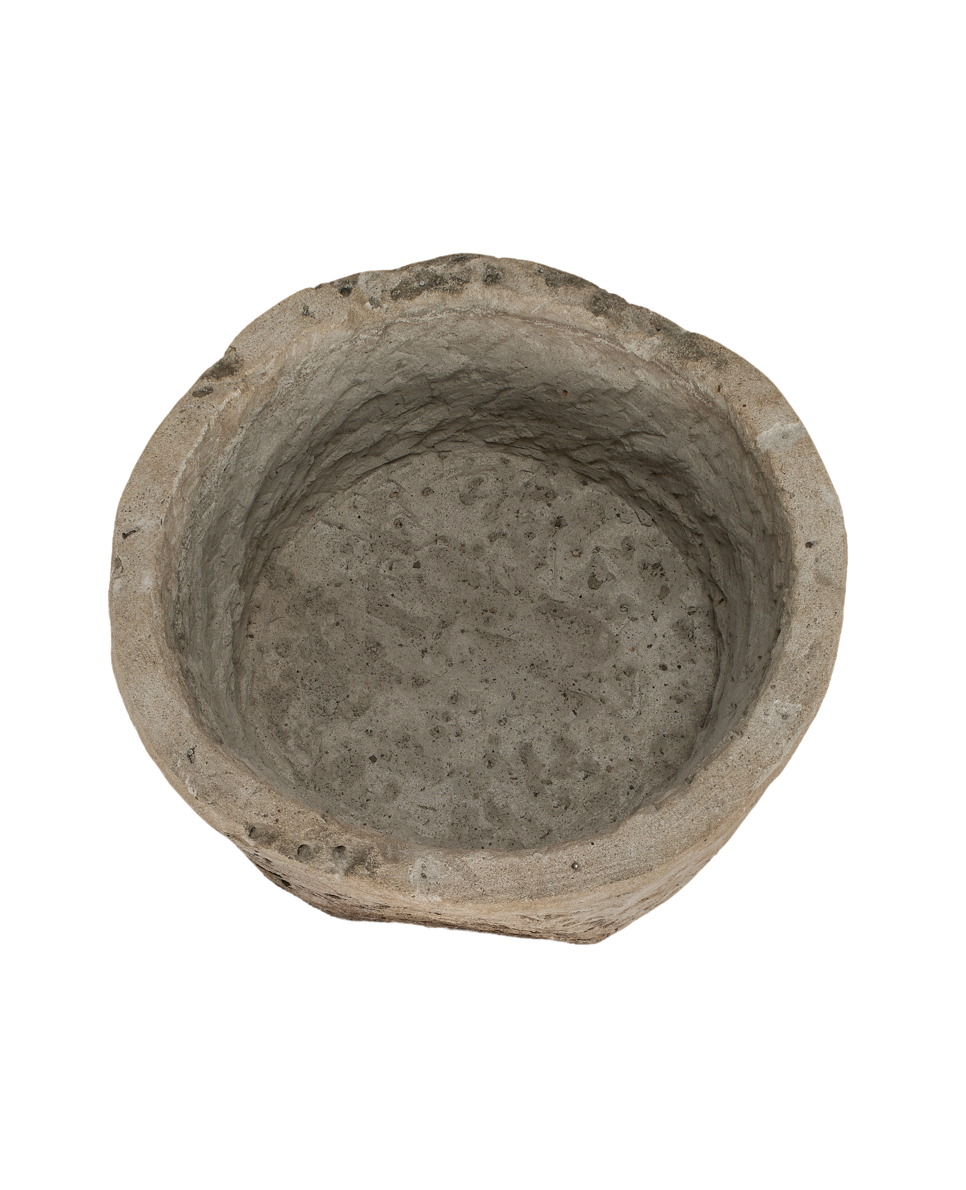 Vintage Indonesian oblong limestone trough, detailed internal texture, weathered OAK finish, top view.