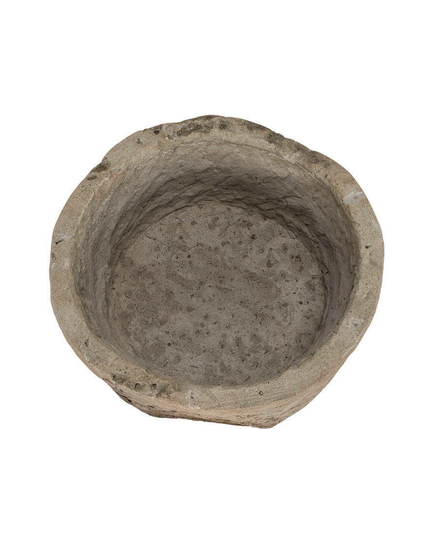 Vintage Indonesian oblong limestone trough, detailed internal texture, weathered OAK finish, top view.