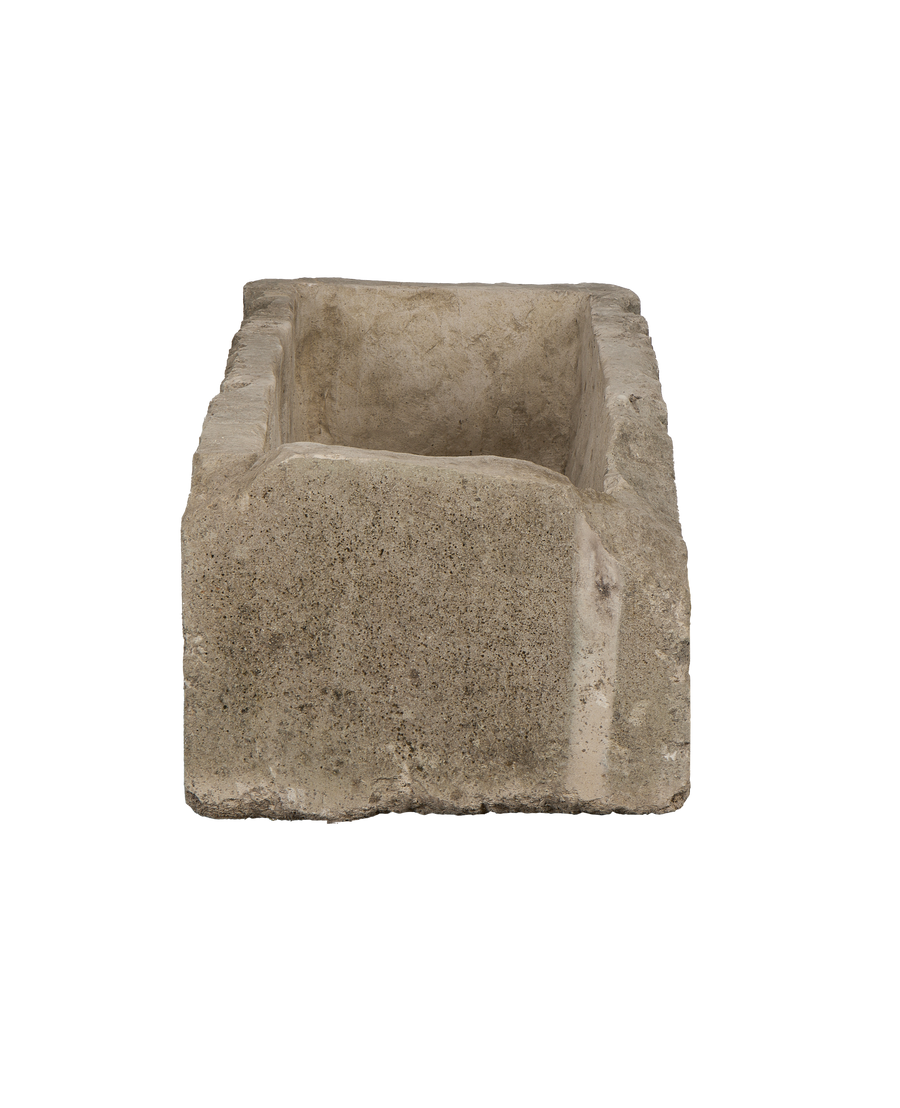 Vintage Indonesian limestone trough, rectangular, showcasing its weathered texture and sturdy build.