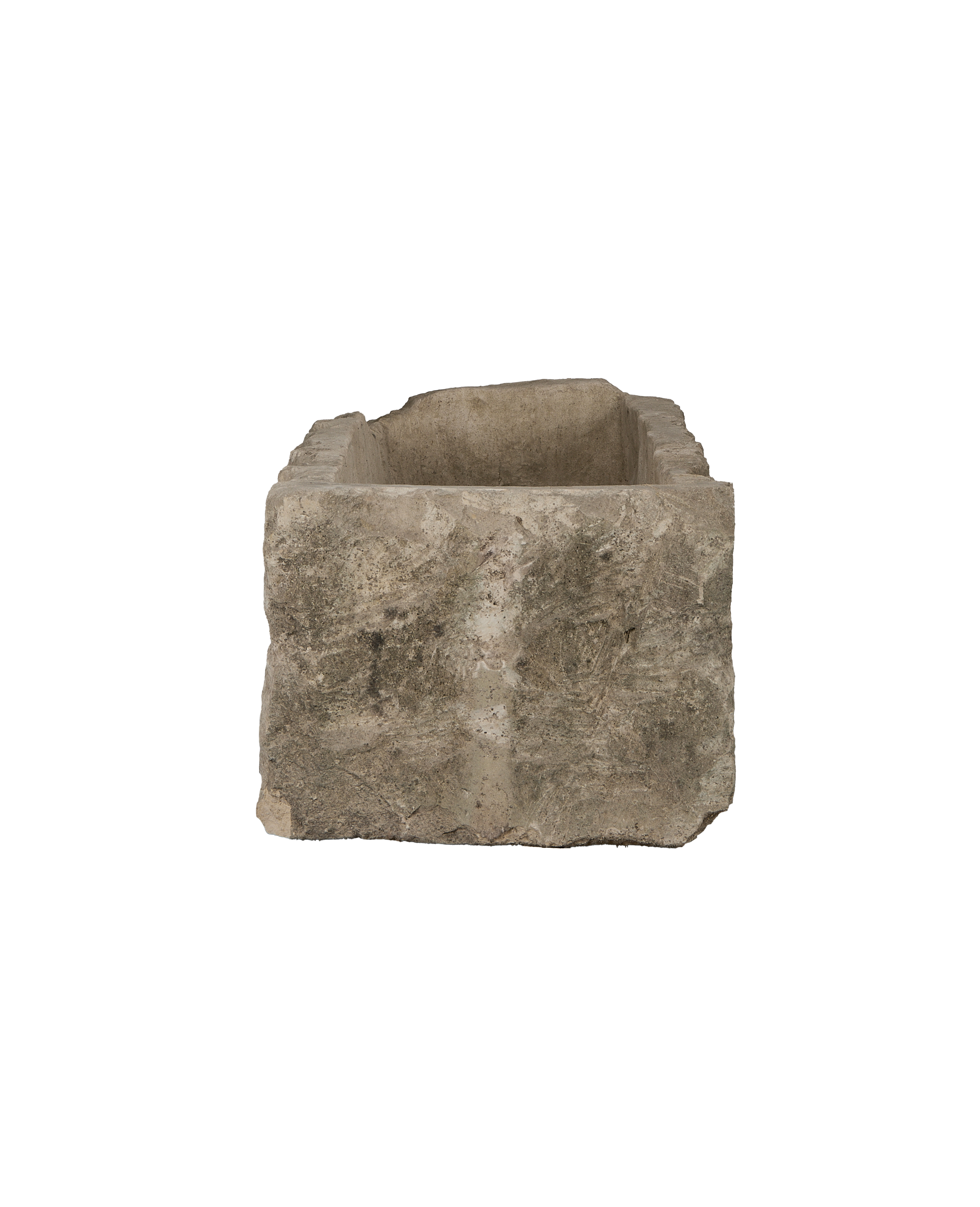Vintage rectangular limestone trough, showing the rustic weathered texture and thick rim.