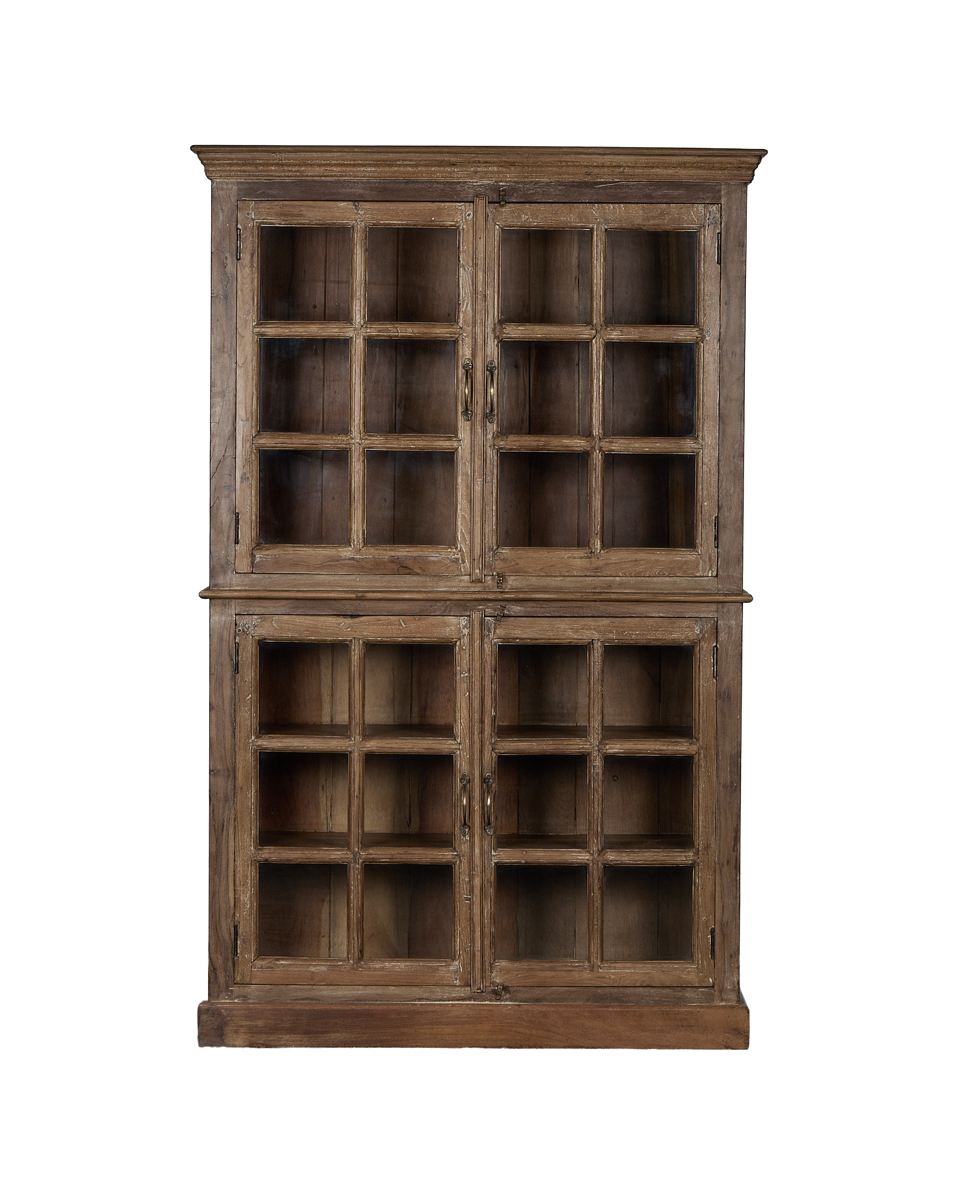 Vintage Indian oak wood cabinet, natural finish, featuring double glass-paneled doors on top and bottom.