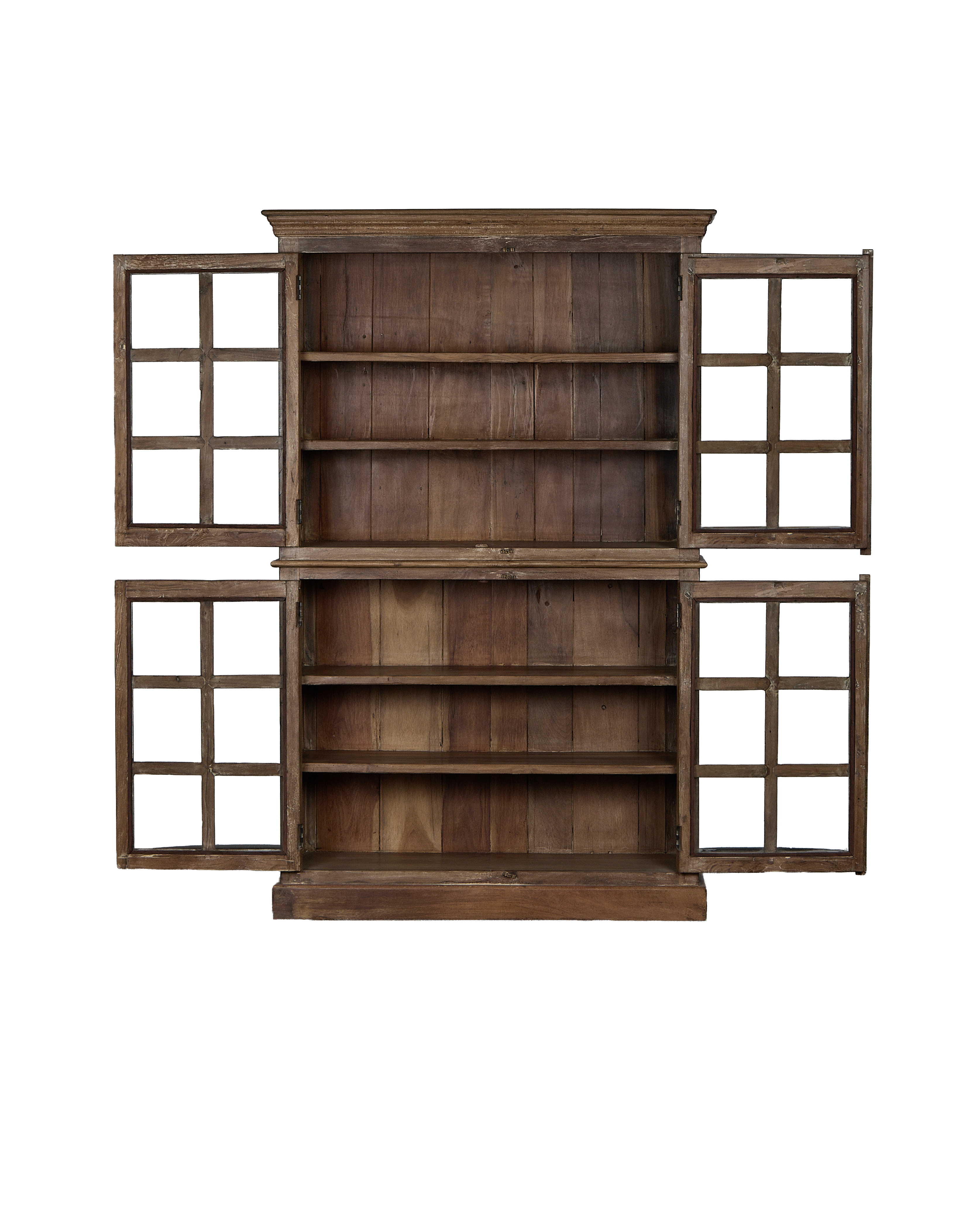 Vintage Indian oak wood cabinet with all four windowed doors open, revealing shelves.