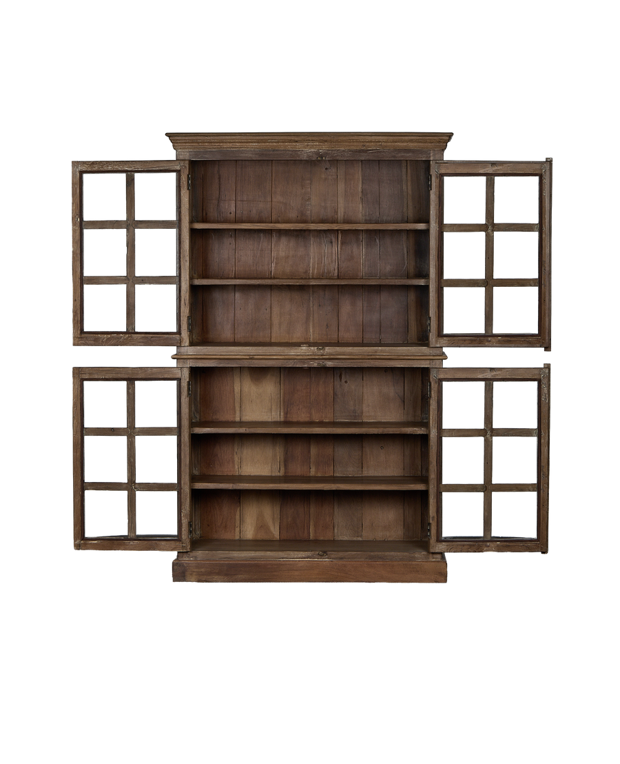 Vintage Indian oak wood cabinet with all four windowed doors open, revealing shelves.