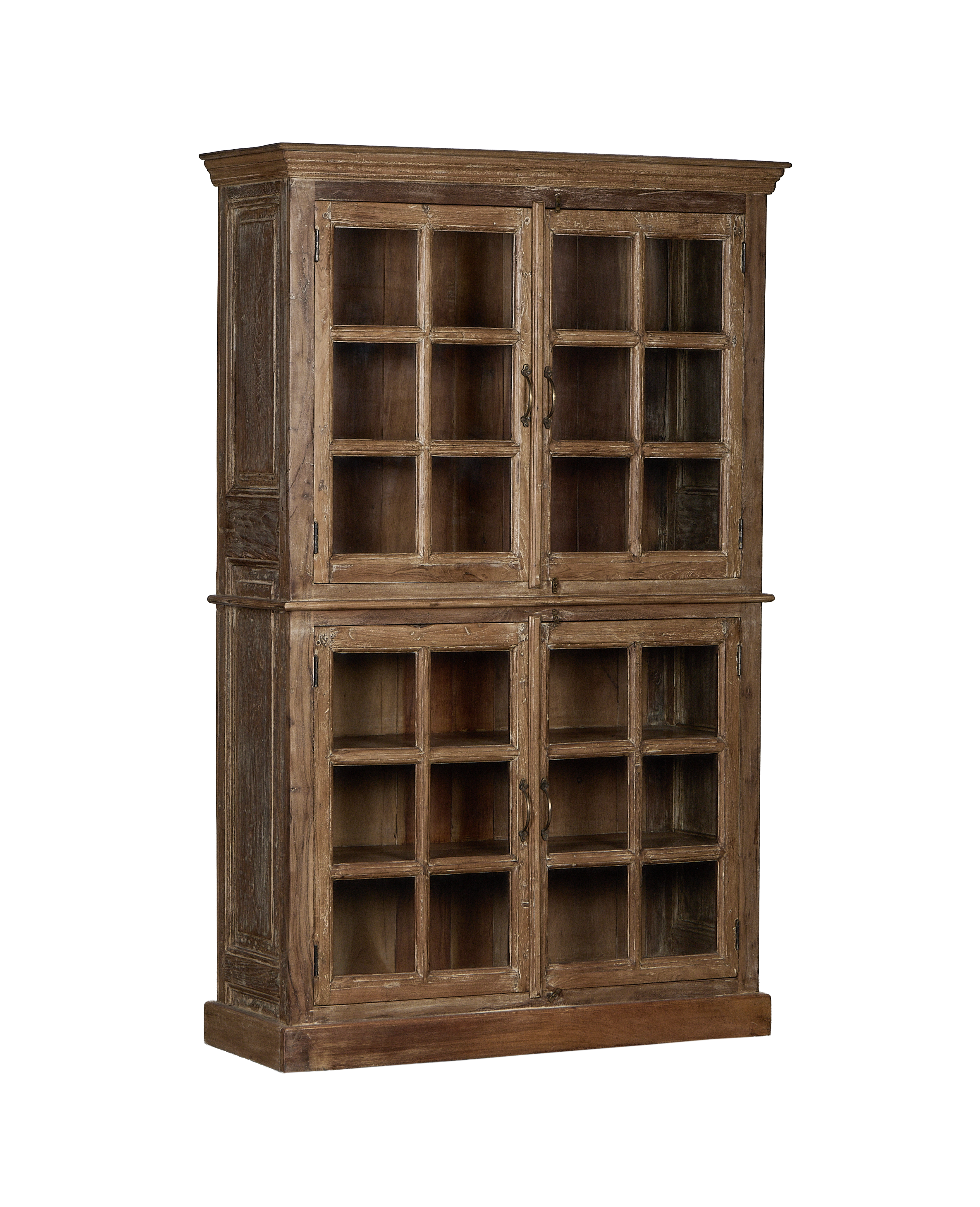 Side view of Indian vintage natural oak wood cabinet with glass-paned doors.