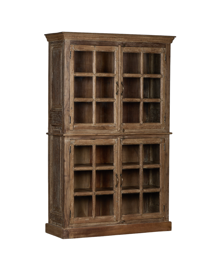 Side view of Indian vintage natural oak wood cabinet with glass-paned doors.