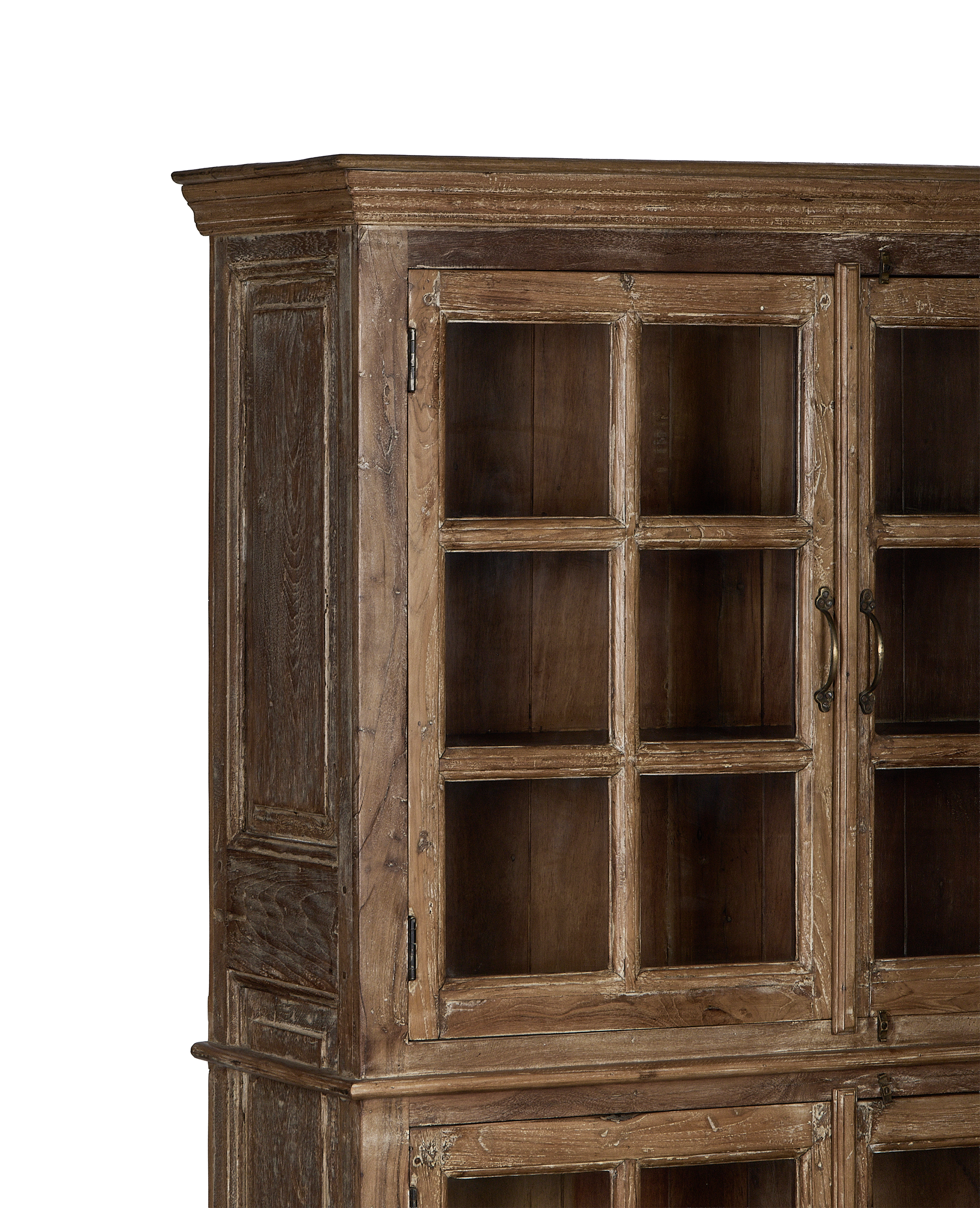 Detail of vintage Indian oak wood cabinet's natural grain and distressed finish.