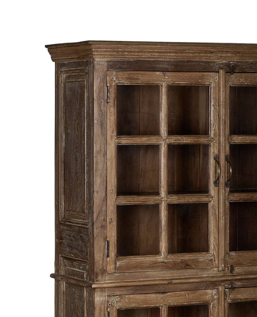Detail of vintage Indian oak wood cabinet's natural grain and distressed finish.