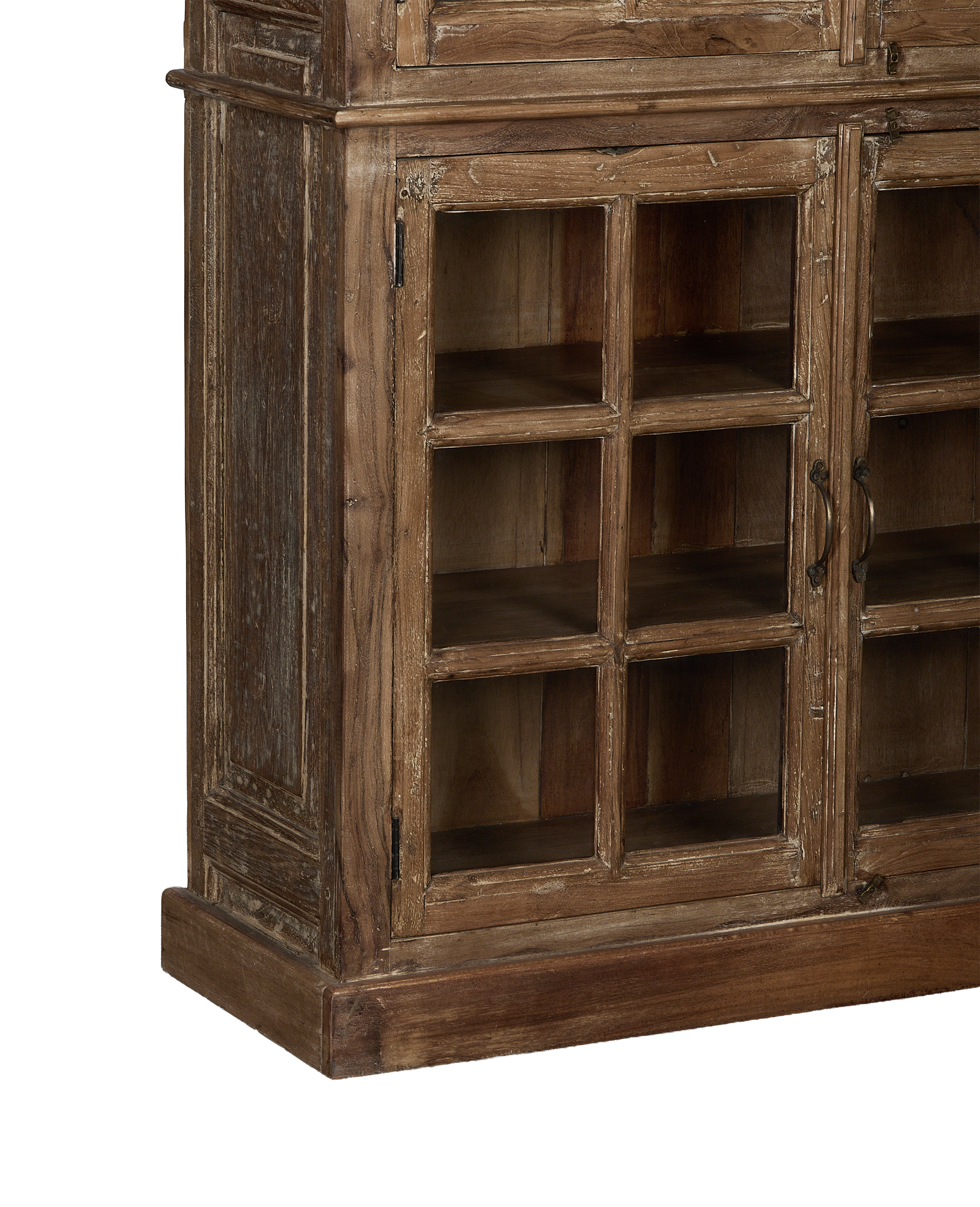 Vintage Indian oak wood cabinet, close-up of glass pane doors and base.