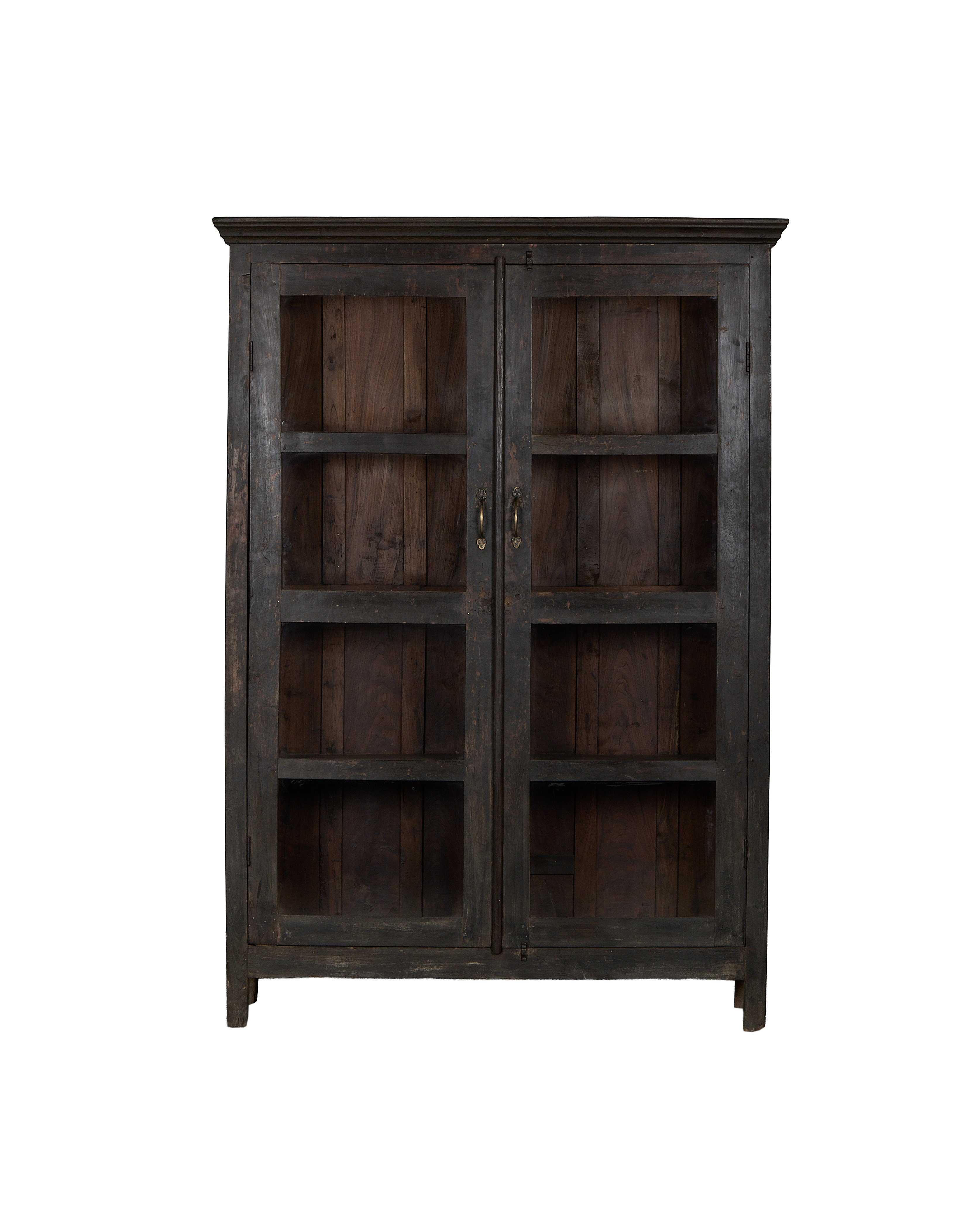 Vintage Indian oak cabinet, dark stained with glassless doors, brass pulls, displaying distressed wood texture.