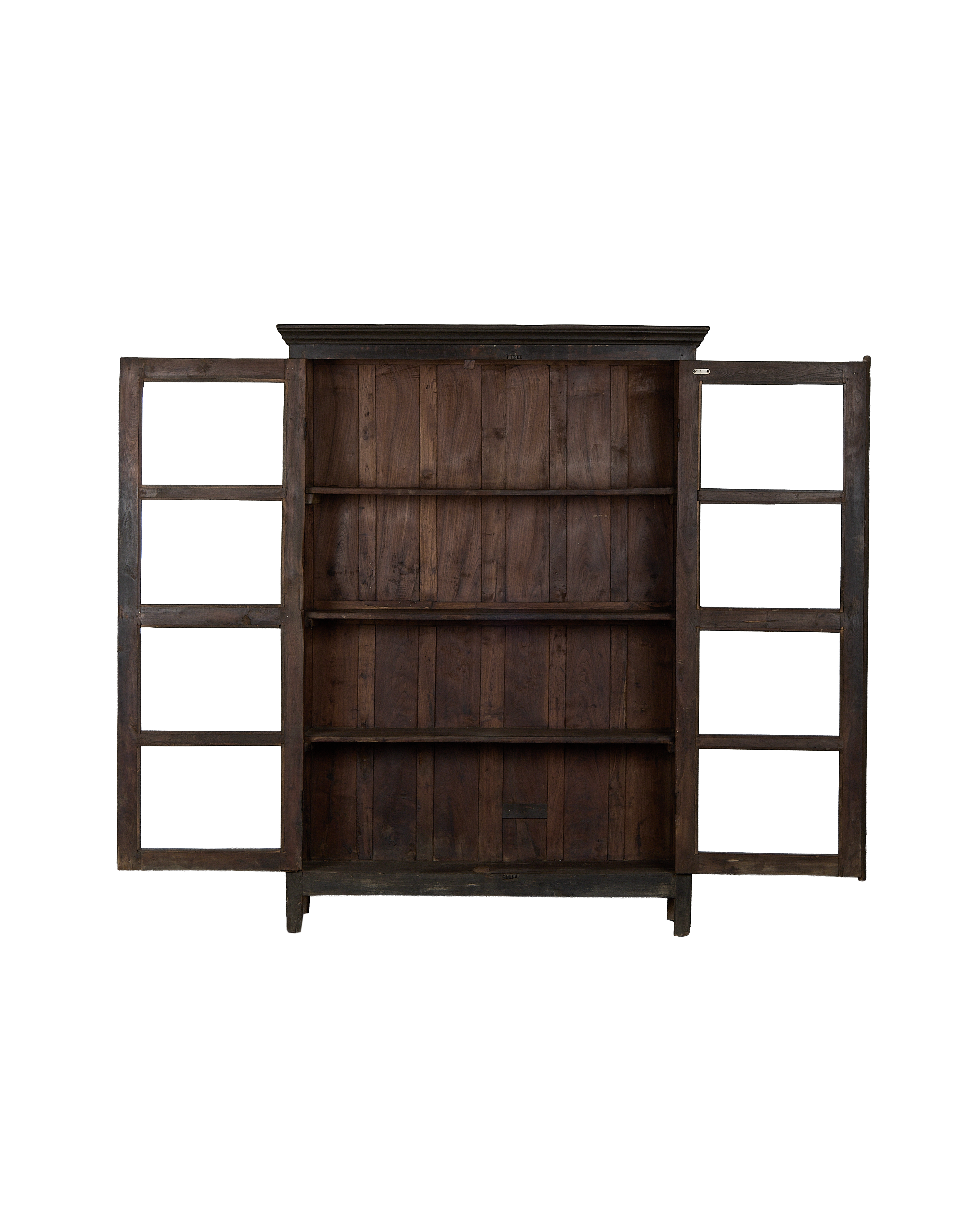 Vintage stained oak cabinet from India, displaying open doors, revealing three interior shelves.