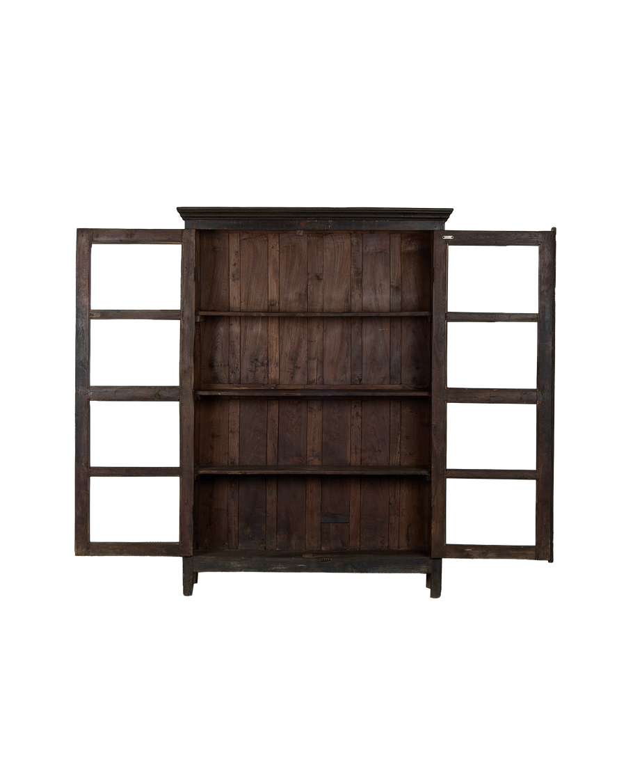 Vintage stained oak cabinet from India, displaying open doors, revealing three interior shelves.