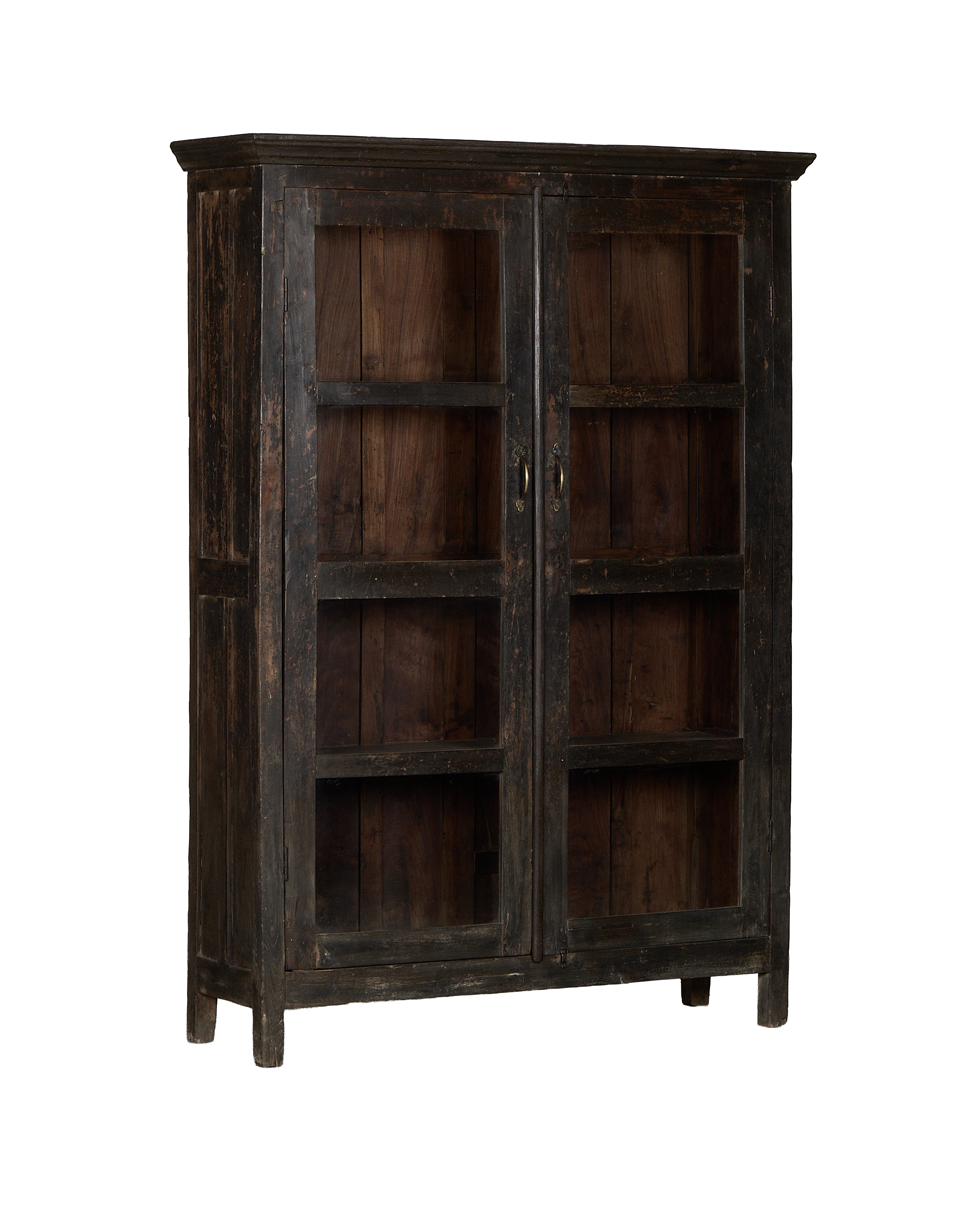 Vintage Indian oak cabinet, distressed dark stain, with brass pulls and glassless shelved interior.
