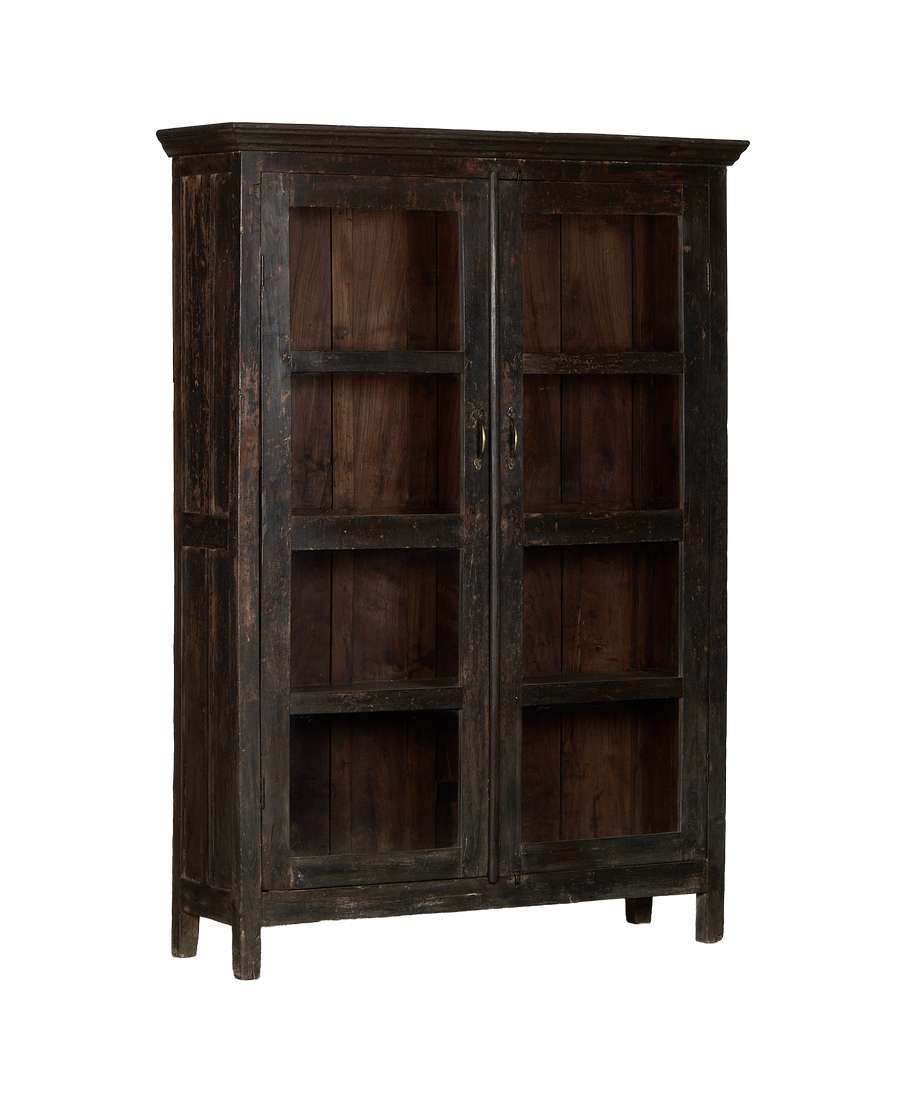 Vintage Indian oak cabinet, distressed dark stain, with brass pulls and glassless shelved interior.