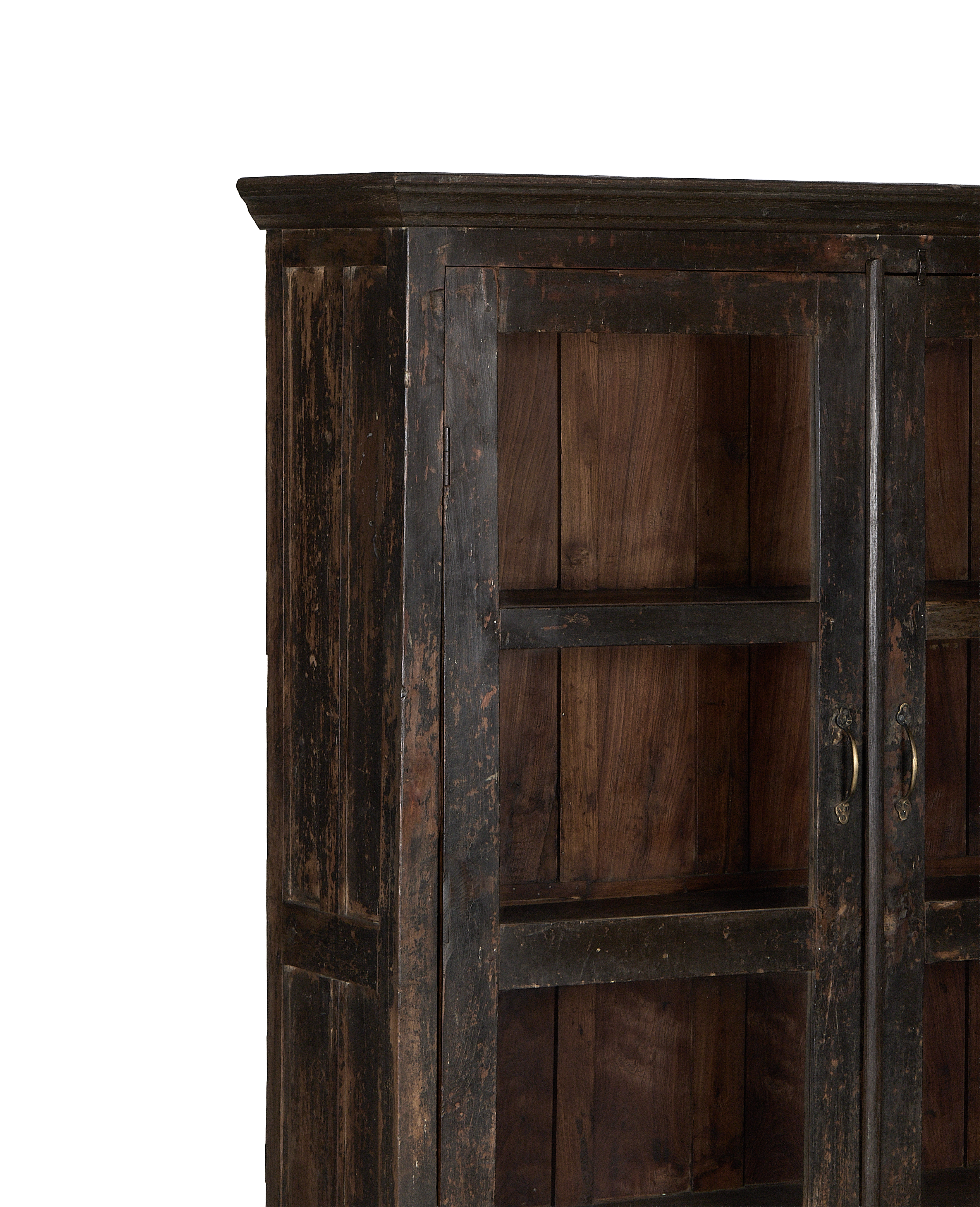 Vintage Indian oak cabinet: close-up showing distressed dark stain and interior shelving.