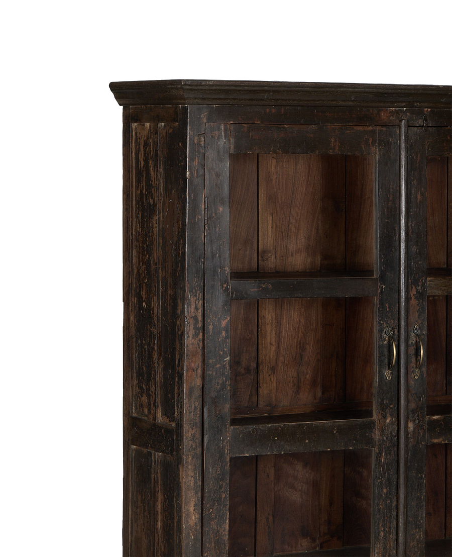 Vintage Indian oak cabinet: close-up showing distressed dark stain and interior shelving.