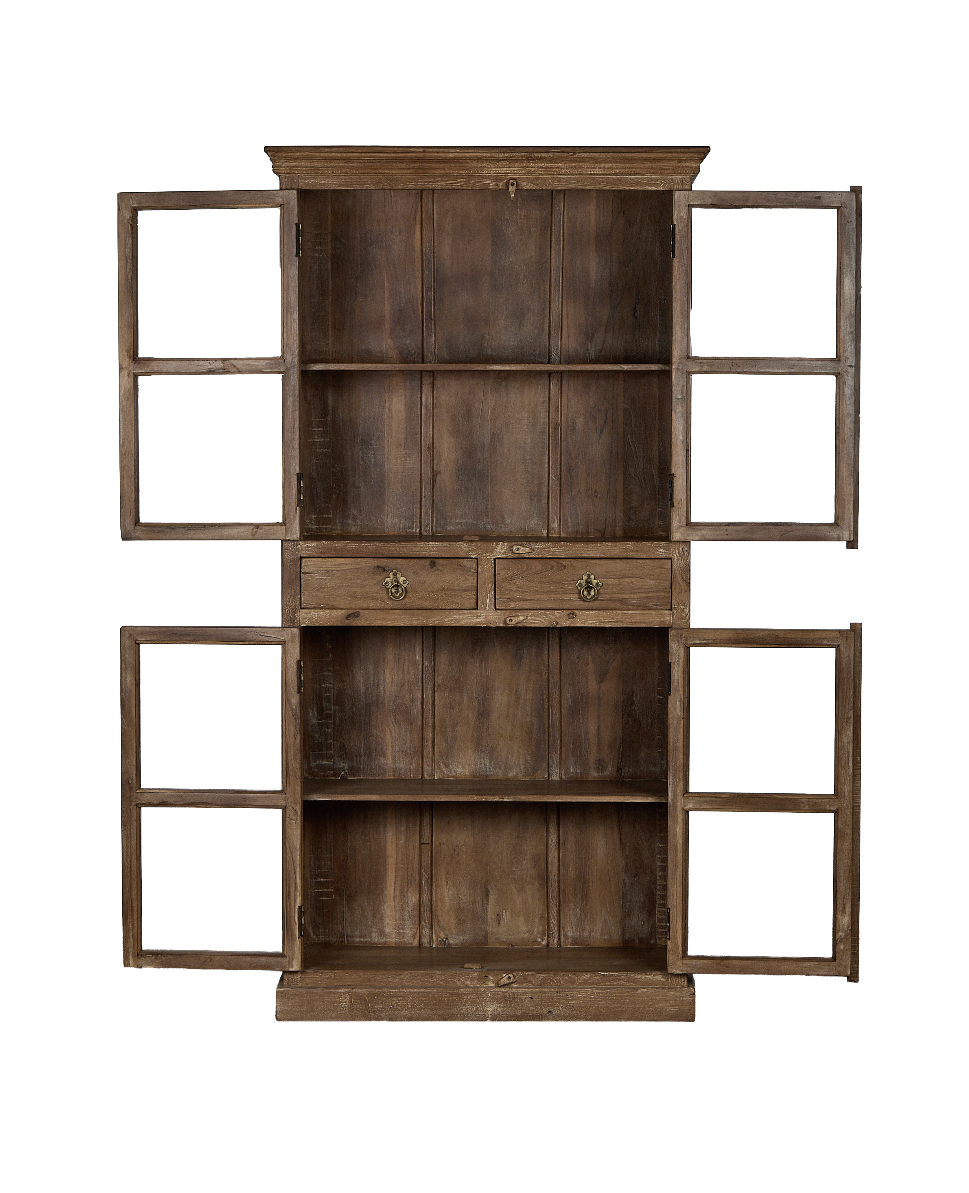 Vintage oak cabinet from India, open doors reveal shelves, drawers, and aged wood grain.