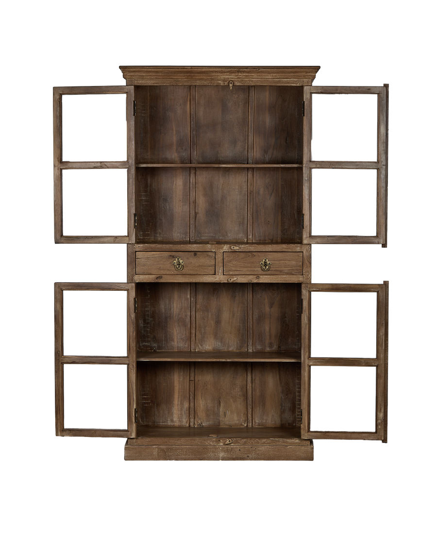 Vintage oak cabinet from India, open doors reveal shelves, drawers, and aged wood grain.