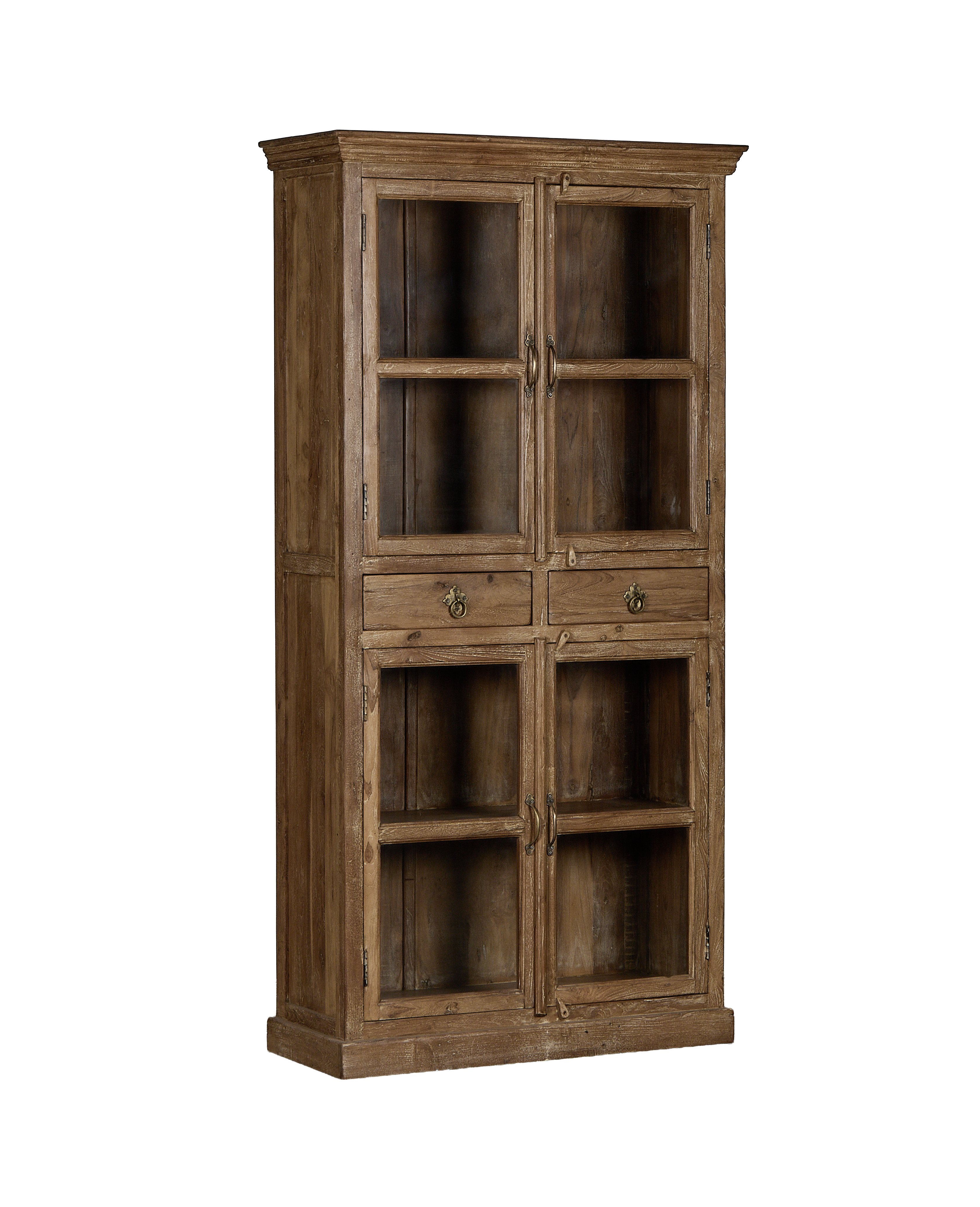 Vintage Indian oak cabinet displaying glass doors, four drawers, and intricate bronze hardware.
