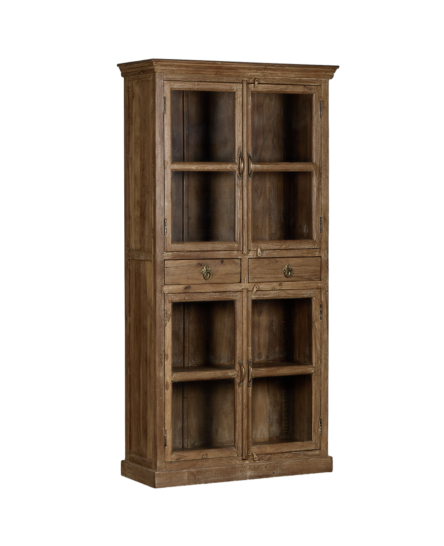 Vintage Indian oak cabinet displaying glass doors, four drawers, and intricate bronze hardware.