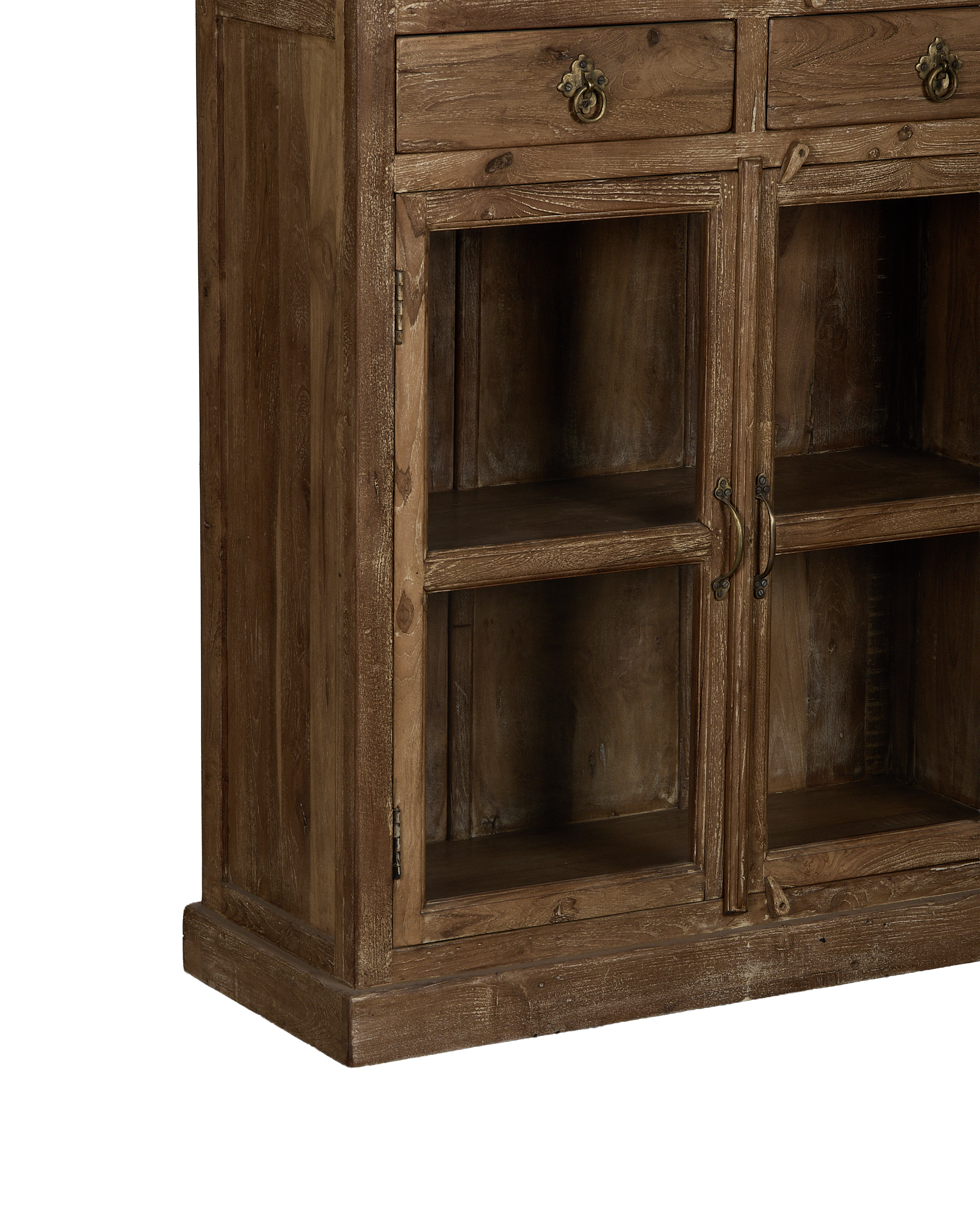 Vintage Indian oak cabinet showing glass doors, drawers, and distressed natural wood grain.