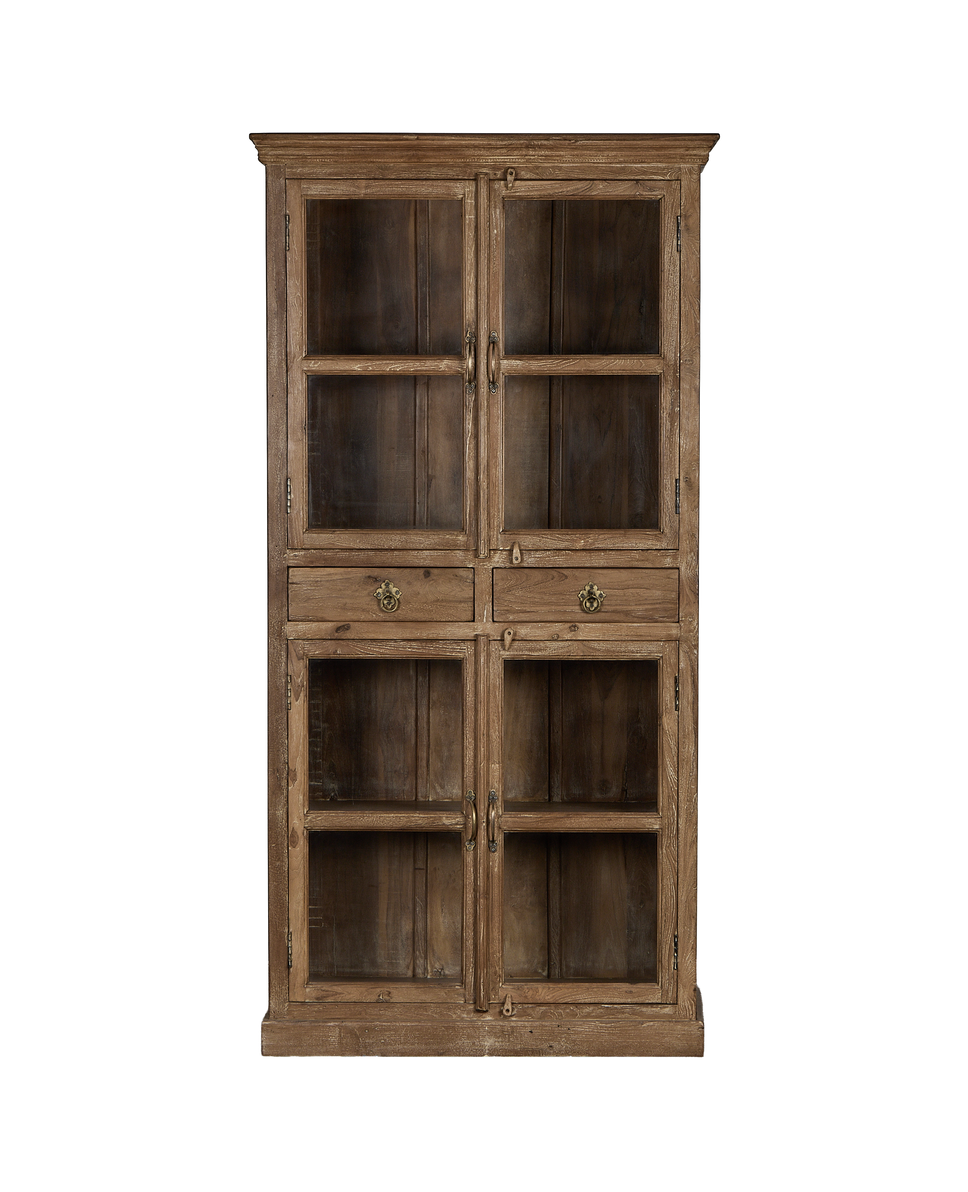 Vintage Indian oak display cabinet with natural finish, glass doors, and brass pulls.