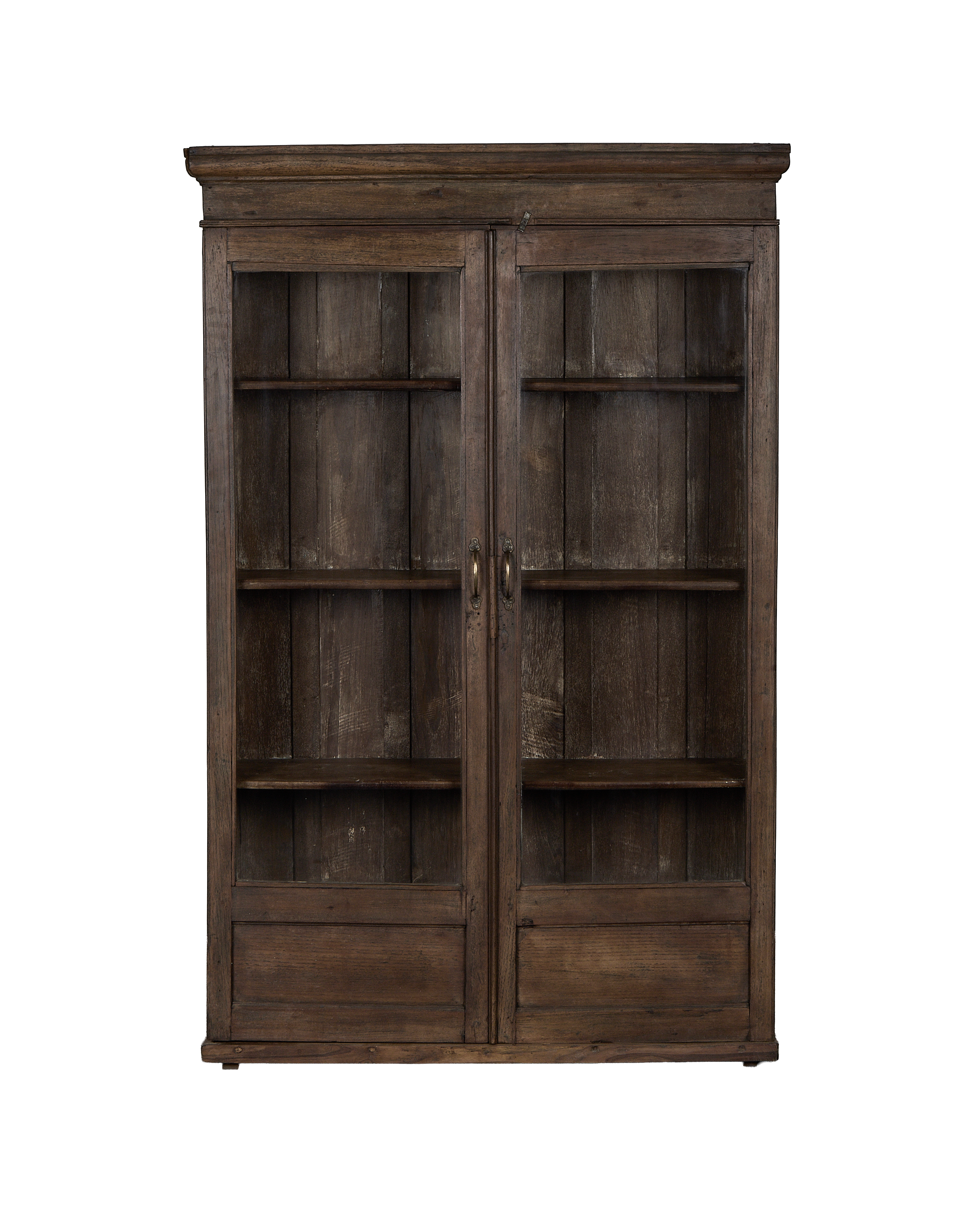 Vintage Indian oak wood cabinet with natural aged finish and two glass-front doors.