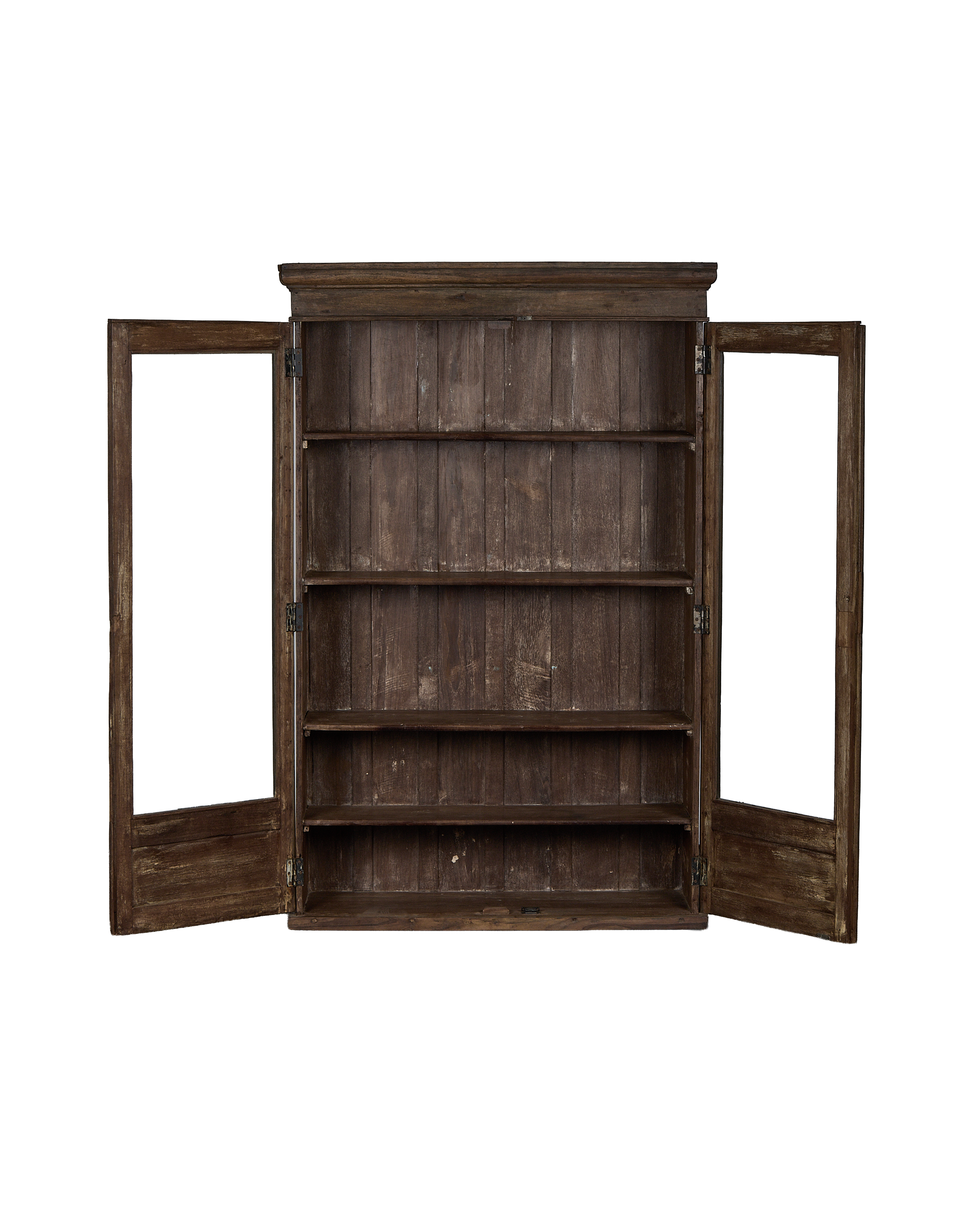 Open vintage natural oak wood cabinet from India, revealing four interior shelves and paneling.