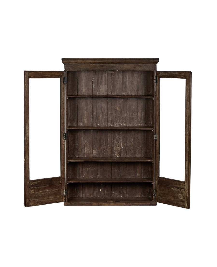 Open vintage natural oak wood cabinet from India, revealing four interior shelves and paneling.