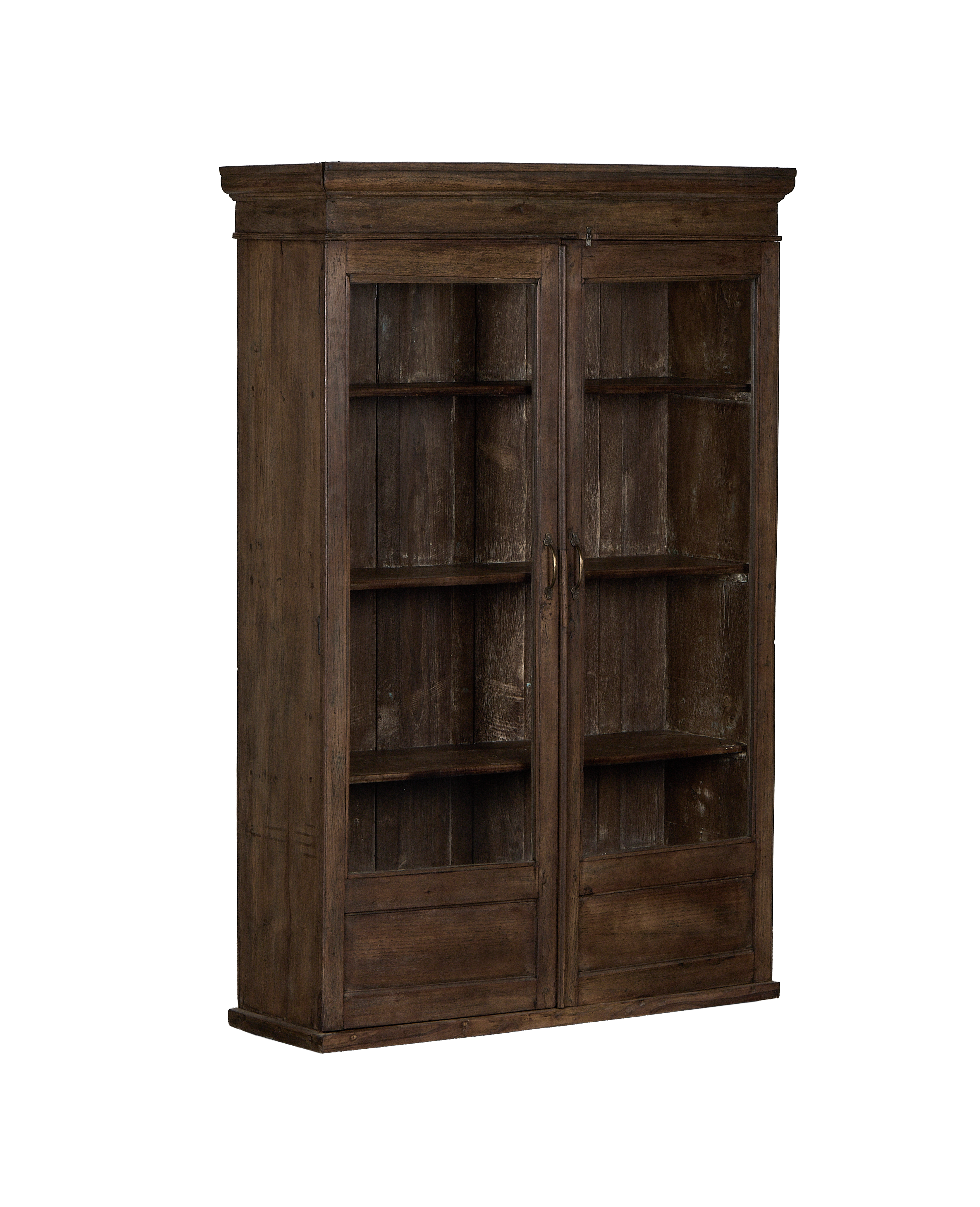 Vintage Indian oak wood display cabinet, natural finish, showing distressed details.