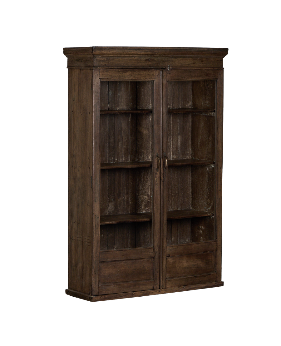 Vintage Indian oak wood display cabinet, natural finish, showing distressed details.