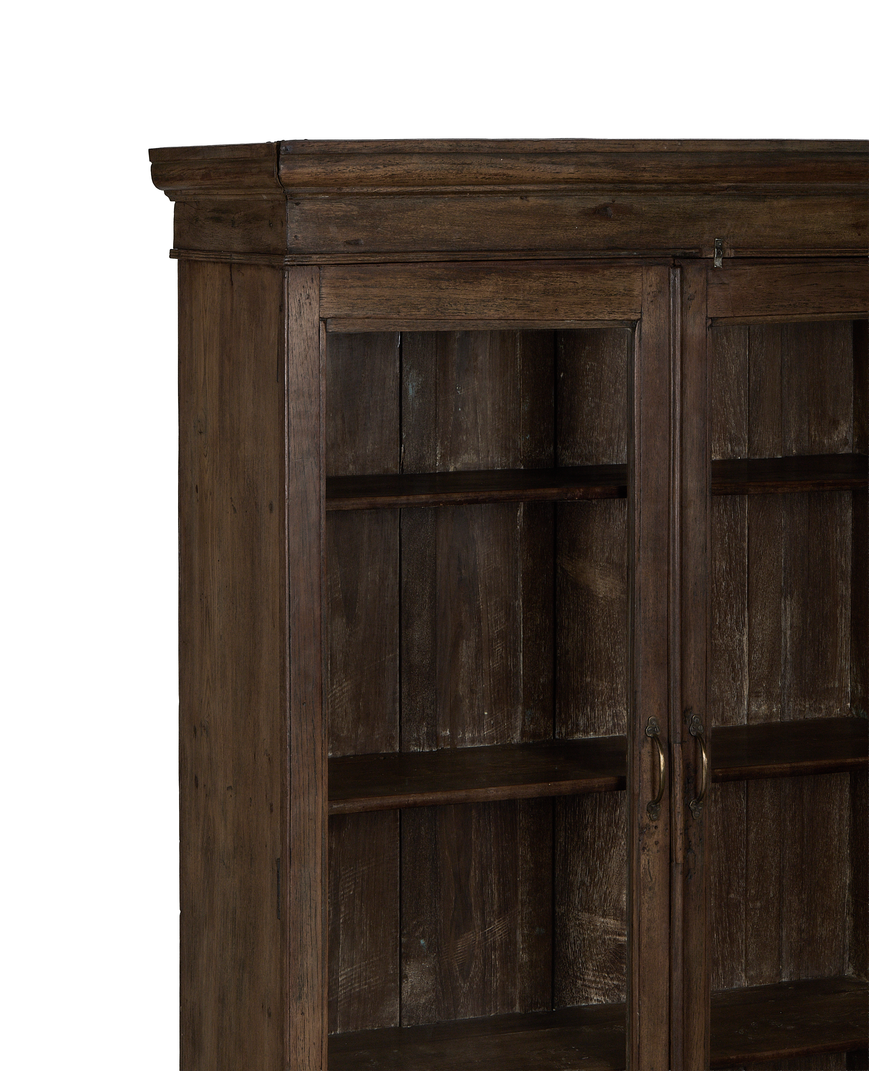 Close-up of vintage Indian oak wood cabinet's natural grain and distressed finish.